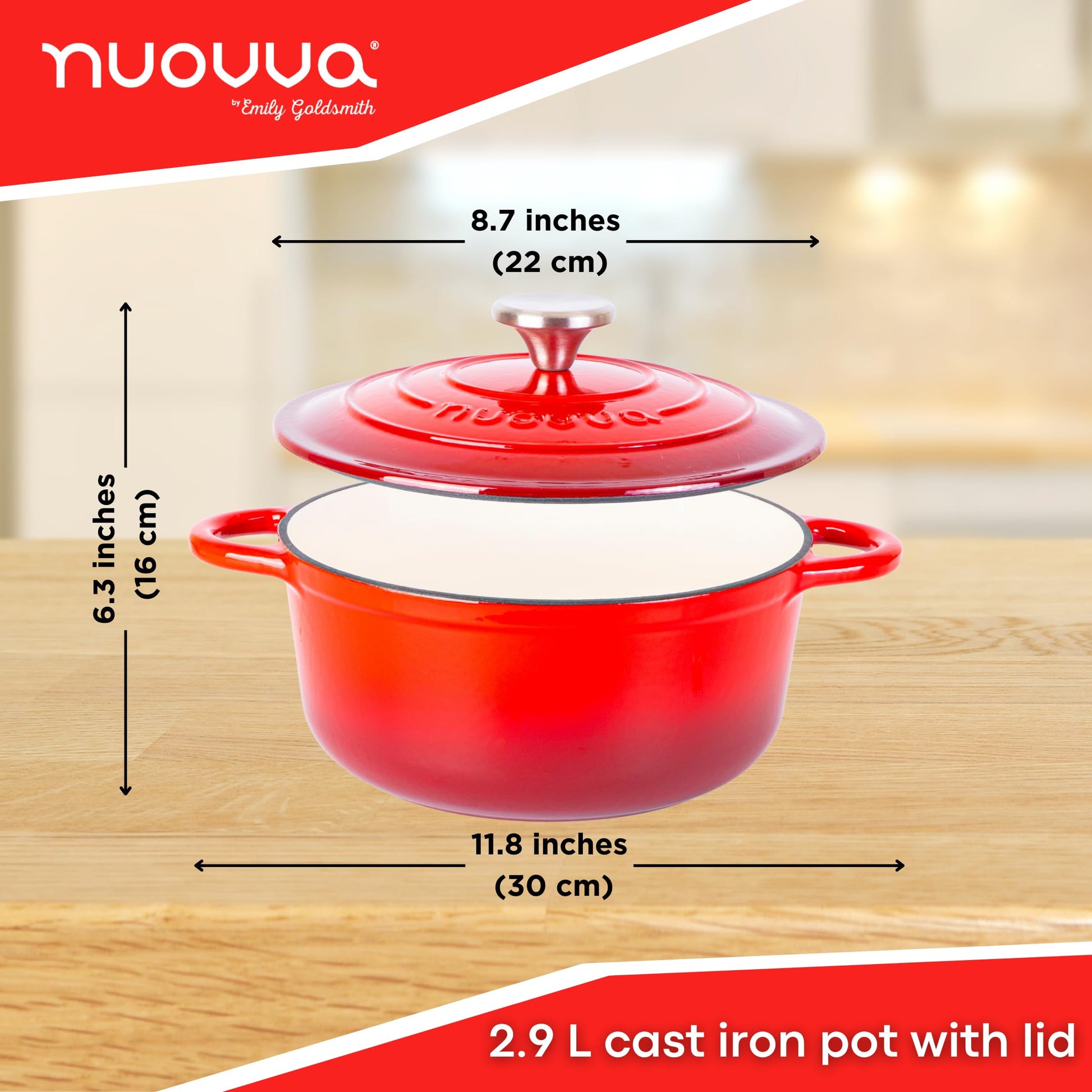 Nuovva - Horno holandés de hierro fundido con tapa - Cacerola esmaltada antiadherente - Utensilios de cocina resistente para horno holandés - Rojo, 3.1 cuartos de galón, 22 cm