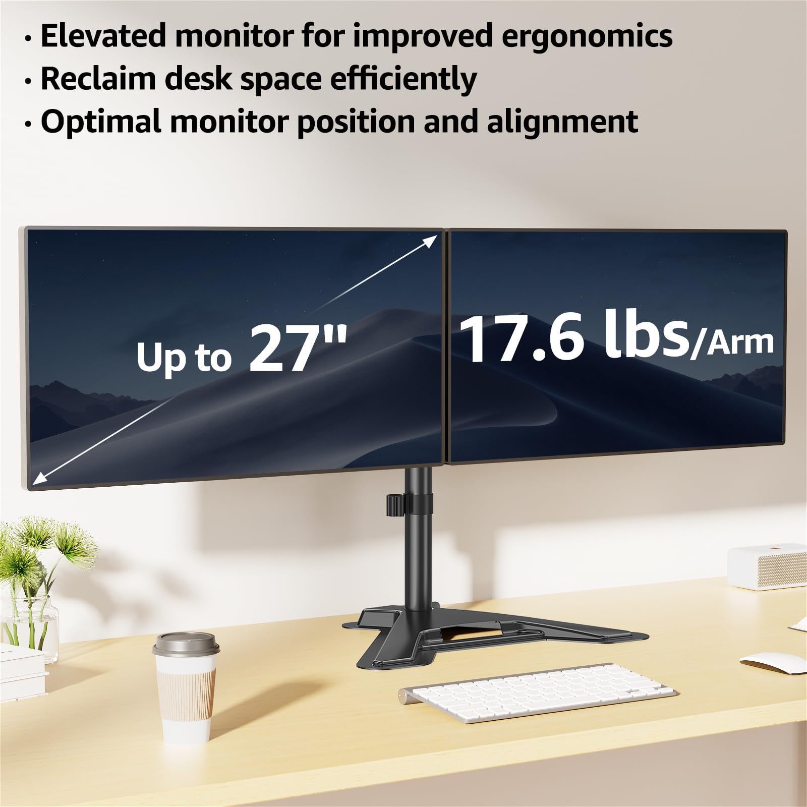Soporte de Computadora MOUNTUP Negro Ajustable para Monitor VESA 2 Pantallas 27 Pulgadas