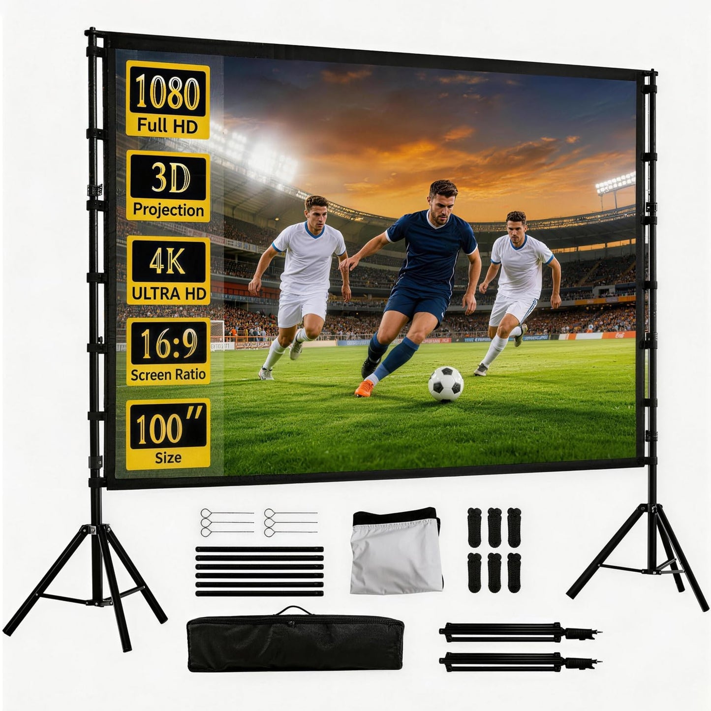 ZVXCABV Pantalla de Proyector Portátil de 100 Pulgadas, Pantalla de proyección con Soporte, 16：9, 4K HD Resistente a Las Arrugas Pantalla, Sistemas para Exteriores, Interiores y Cine en casa