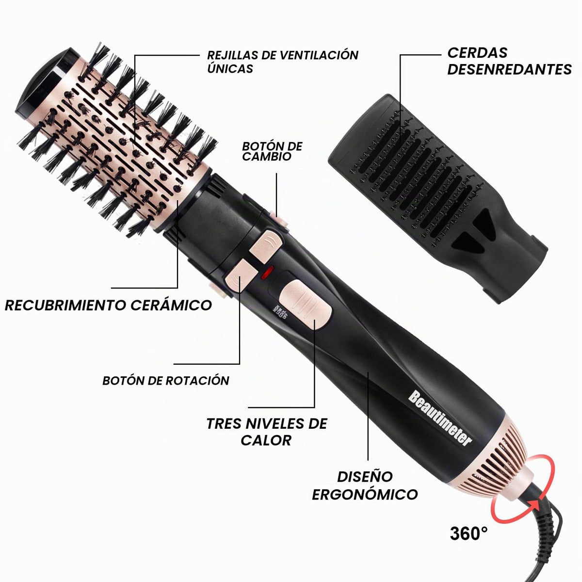 Kit de Cepillo Giratorio BEAUTIMETER Negro y Dorado con Aire Caliente Iónico 3 en 1