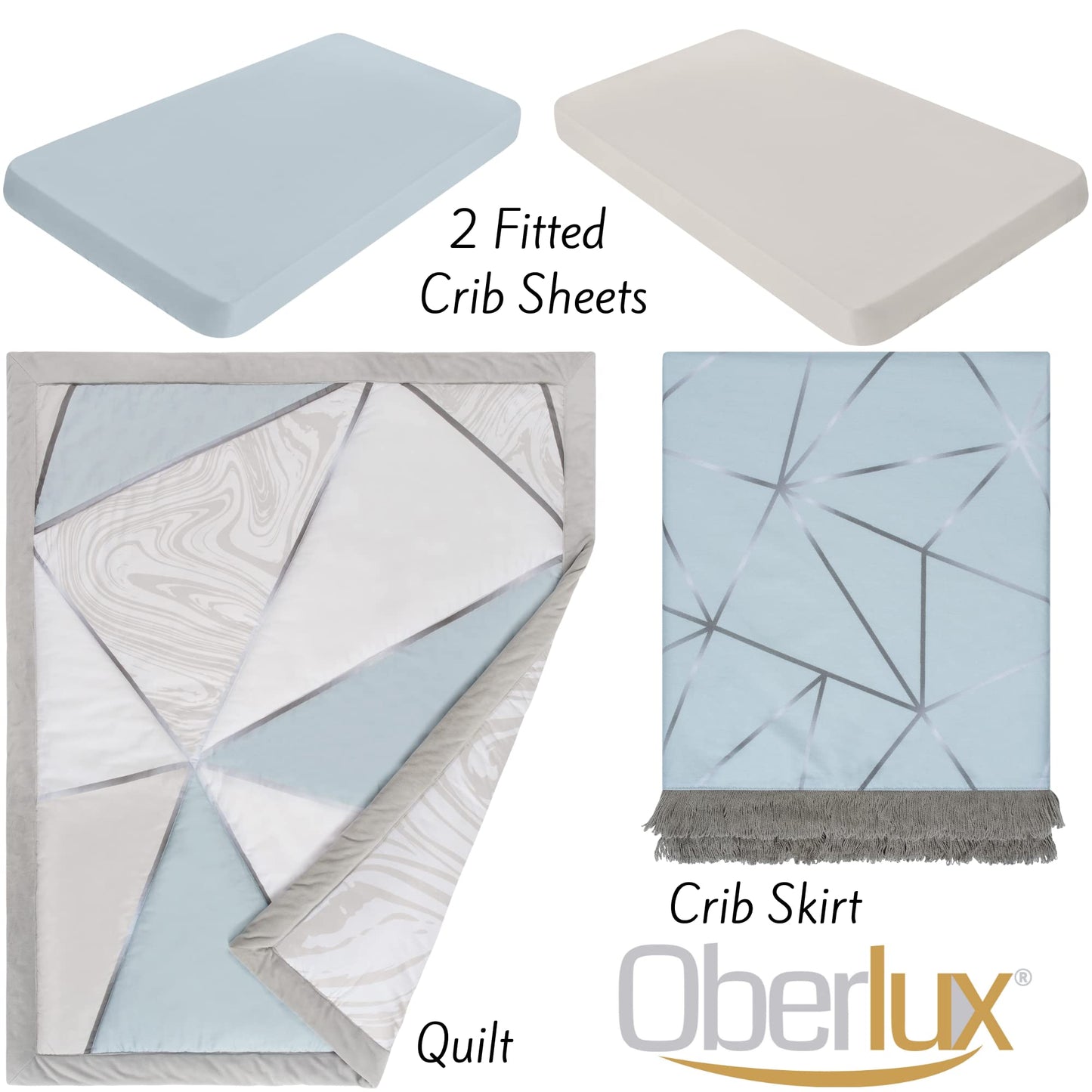 OBERLUX Juego de ropa de cama de cuna para niños | Juego de cama de cuna de 4 piezas | Patrones geométricos, plata brillante, estampado azul bebé y mármol | Precious Collection