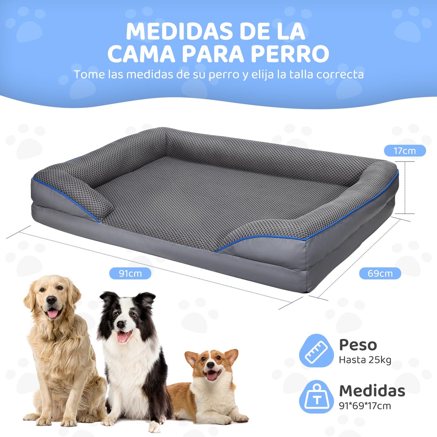 Cama Ortopédica para Perro Mediano wishkit Gris con Fondo Antideslizante y Bordes Acolchados