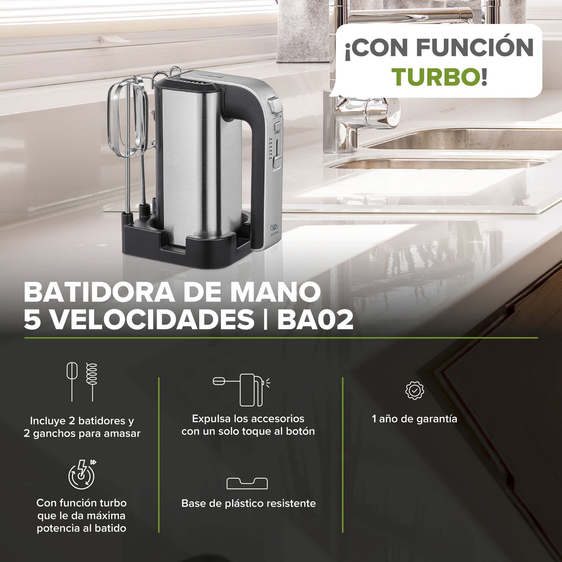 AVERA Batidora de Mano de 5 Velocidades (Incluye 2 Batidores, 2 Ganchos para Amasar y Base) | Batidora, Batidoras, Batidor, Batidor Electrico de Mano | Acero Inoxidable, BA02