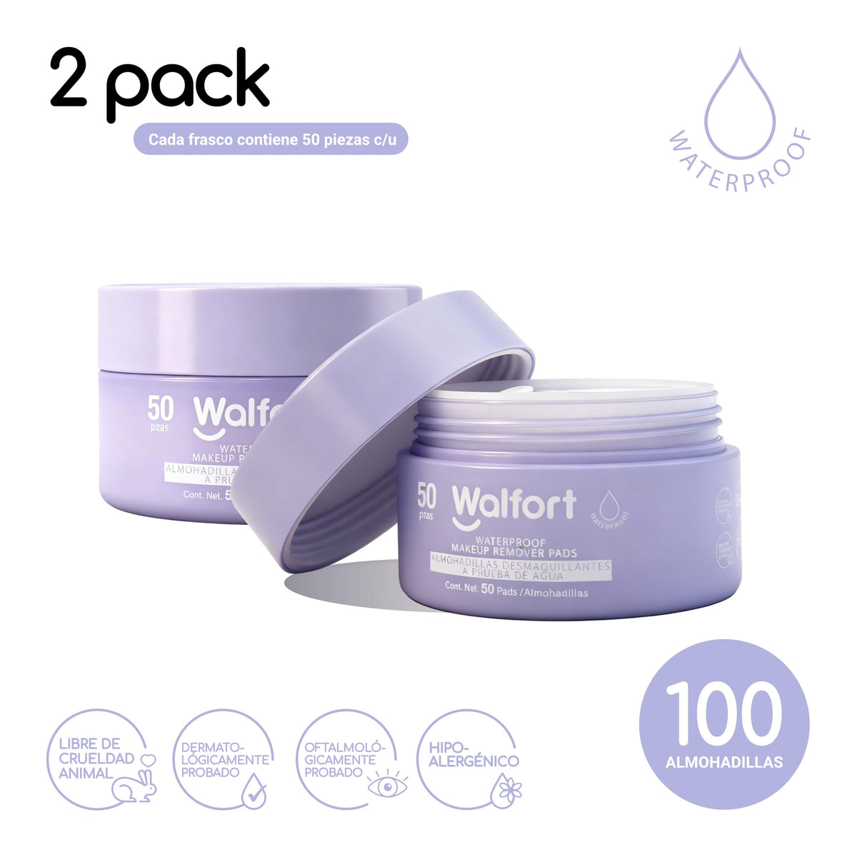 Walfort | Pads desmaquillantes waterproof. Remueven maquillaje a prueba de agua. Ideales para el cuidado diario de la piel. Caja con 2 productos