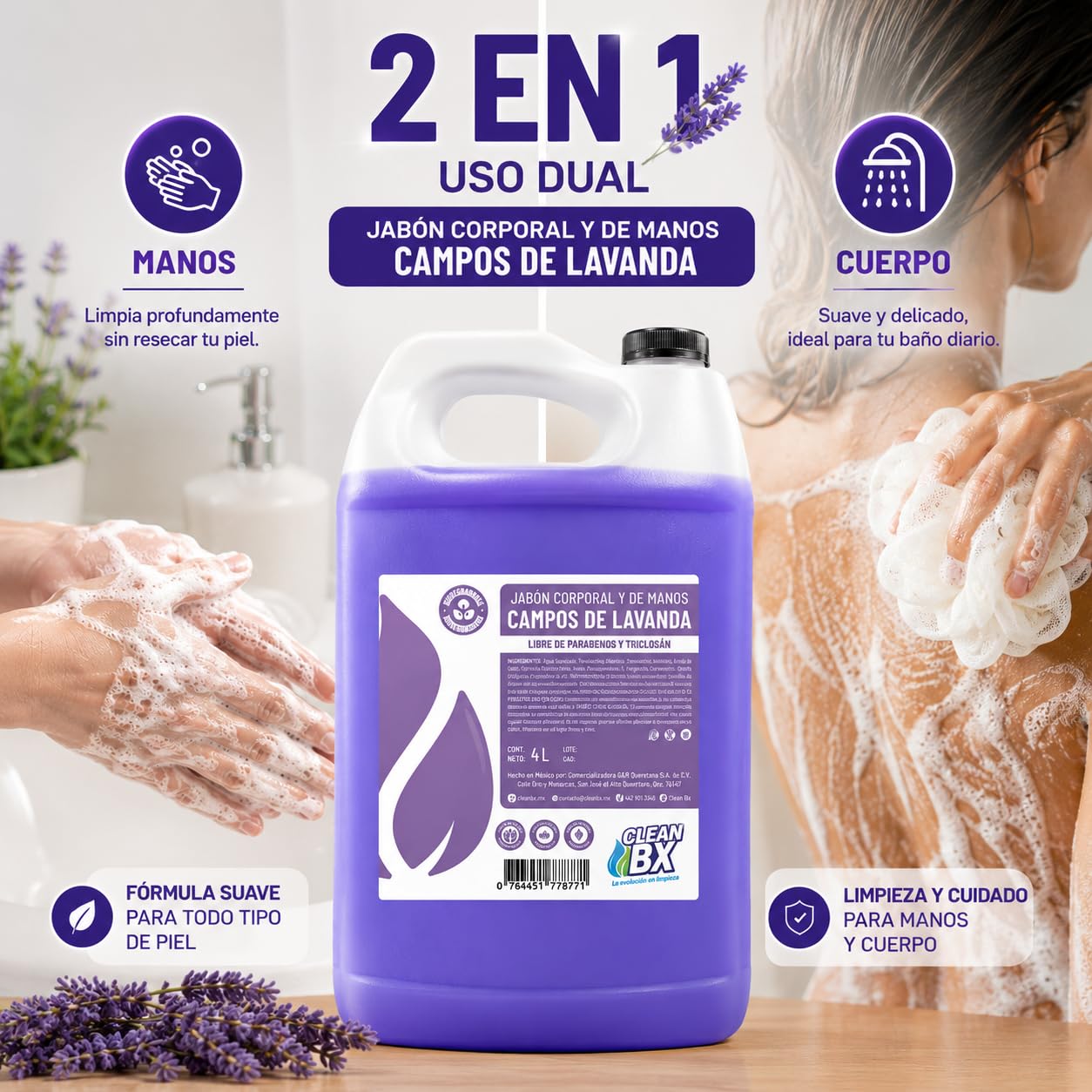 Jabón Líquido Para manos y Cuerpo Aroma Campos de Lavanda 4L | Aroma Relajante, Hidratante y Uso Diario
