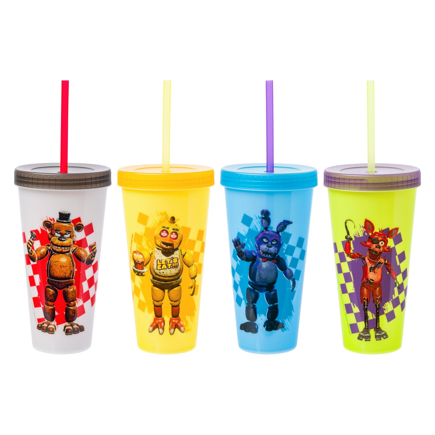 Silver Buffalo Five Nights at Freddy's Paquete de 4 vasos de plástico que cambian de color con Freddy Fazbear, Bonnie, Chica y Foxy, 24 onzas