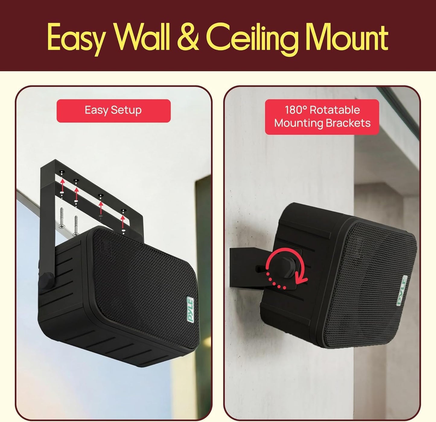Pyle Bocinas de 6.5 Pulgadas para Interiores y Exteriores, Sistema de Sonido de Pared Resistente al Agua, 500 Watts, 1 Par, Negro