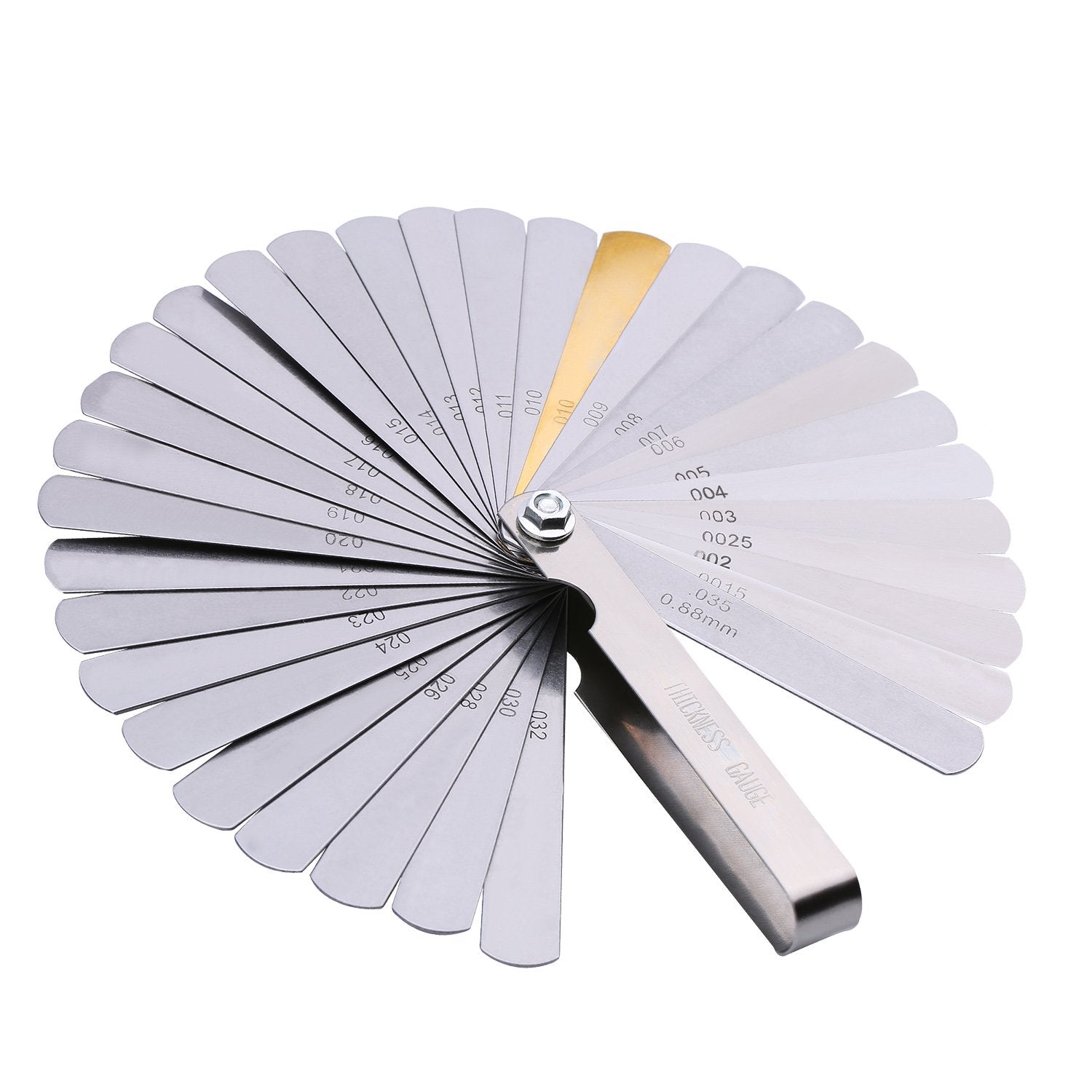 Herramienta de medición métrica e imperial de doble marca de acero inoxidable (0.04-0.88 mm, 32 cuchillas)