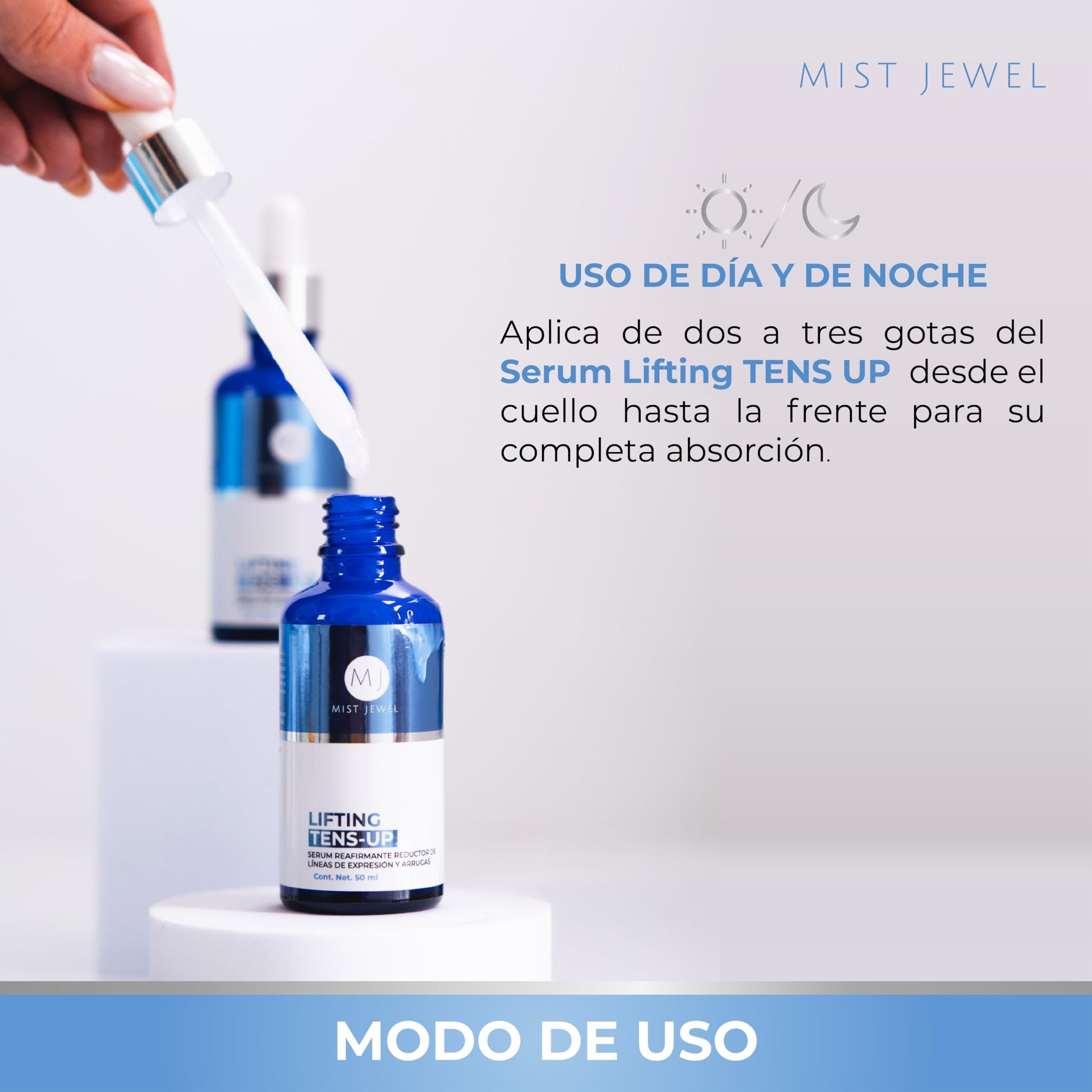MIST JEWEL Serum facial con efecto tensor lifting Tens-Up, con ingredientes antiedad y ácido hialurónico para cuidado facial de 50ml | suero reafirmante reductor de arrugas y lineas de expresion en rostro y cuello