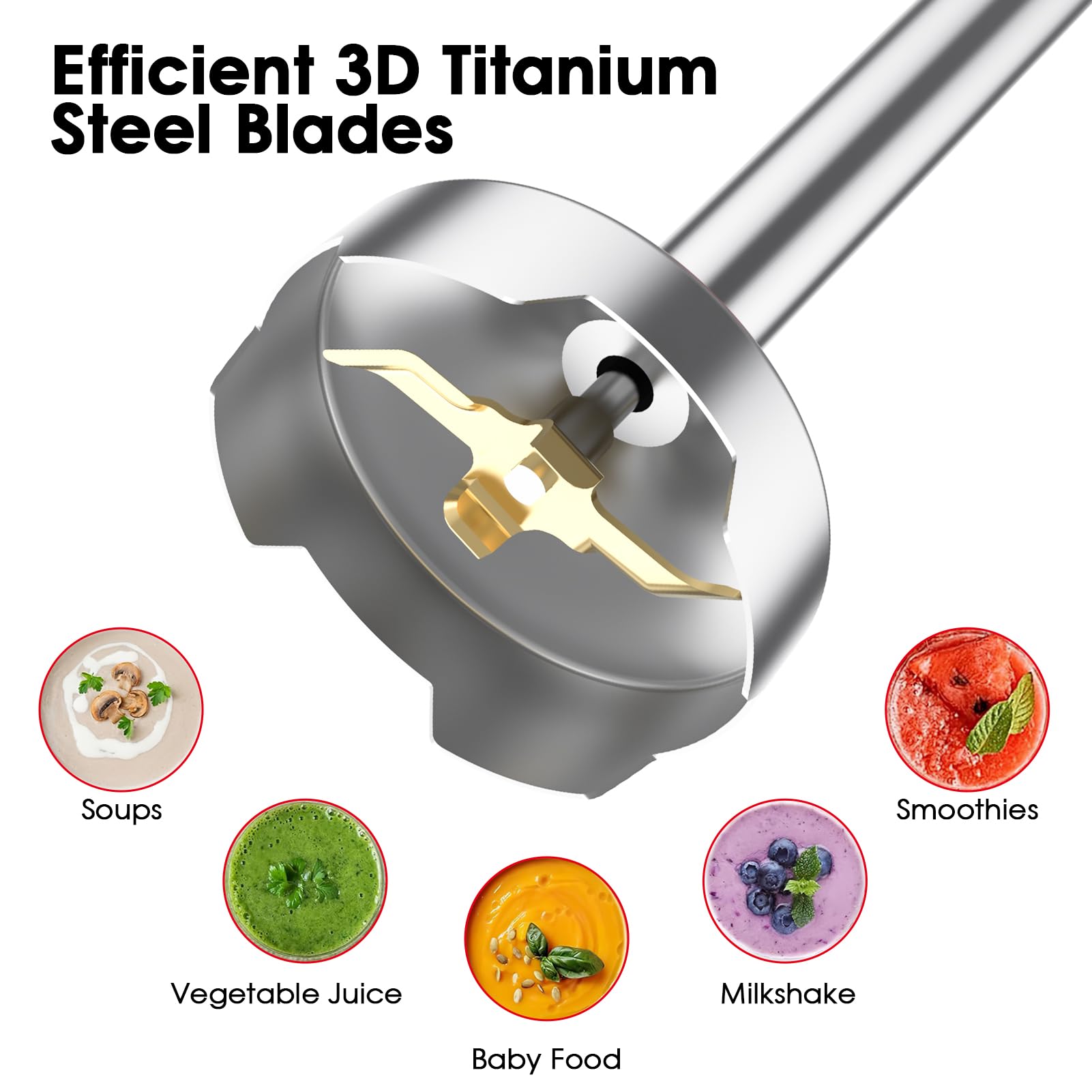 Batidora de inmersión de mano para cocina, licuadora de emulsión de mano con cuchillas de titanio, mezclador de mano eléctrico de 12 velocidades con accesorios sin BPA, tazón de picador, batidor,