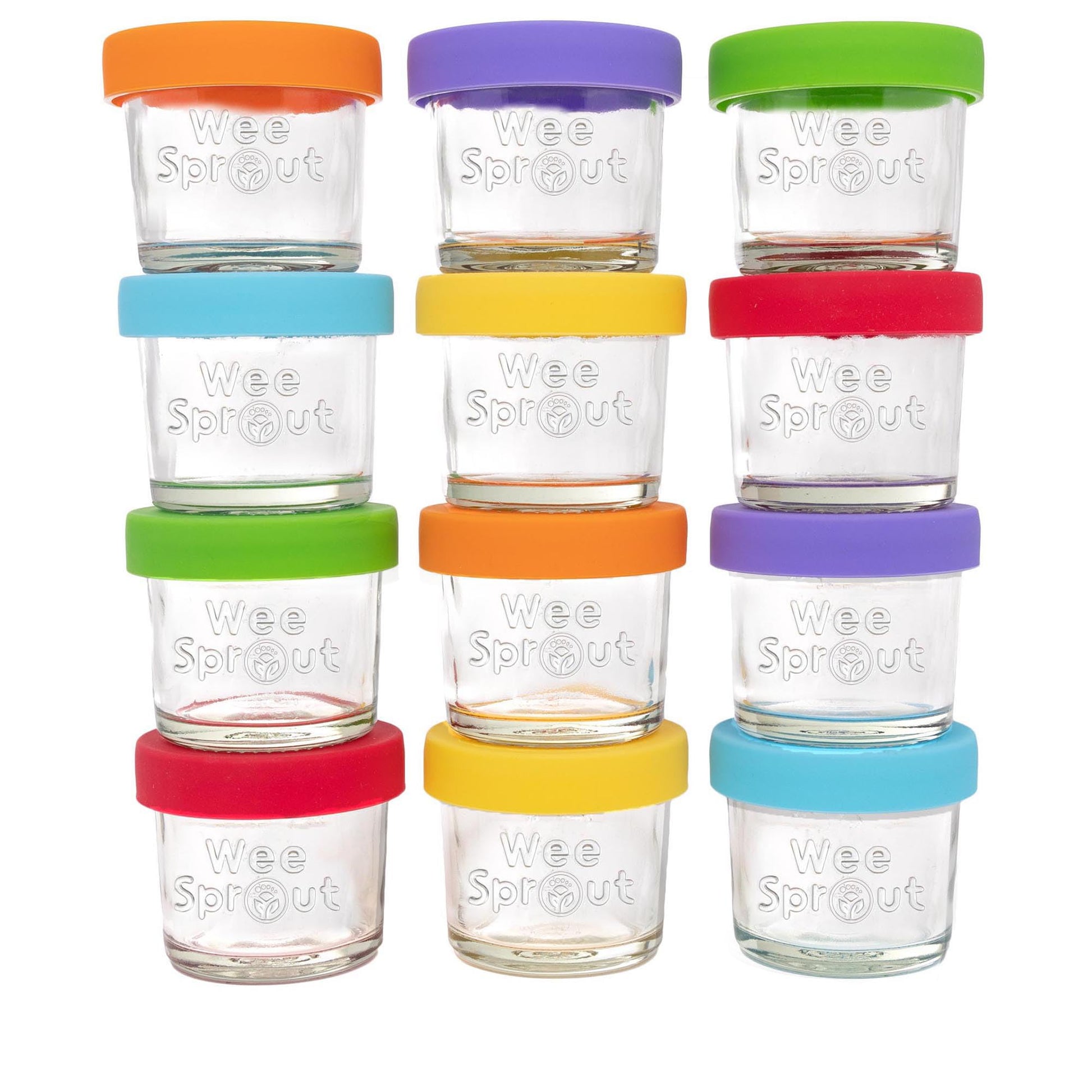 WeeSprout - Frascos de Vidrio para Almacenamiento de Alimentos para Bebés con Tapas (4 onzas, juego de 12 unidades) aperitivos, puré, recipientes pequeños reutilizables, leche materna, nevera o