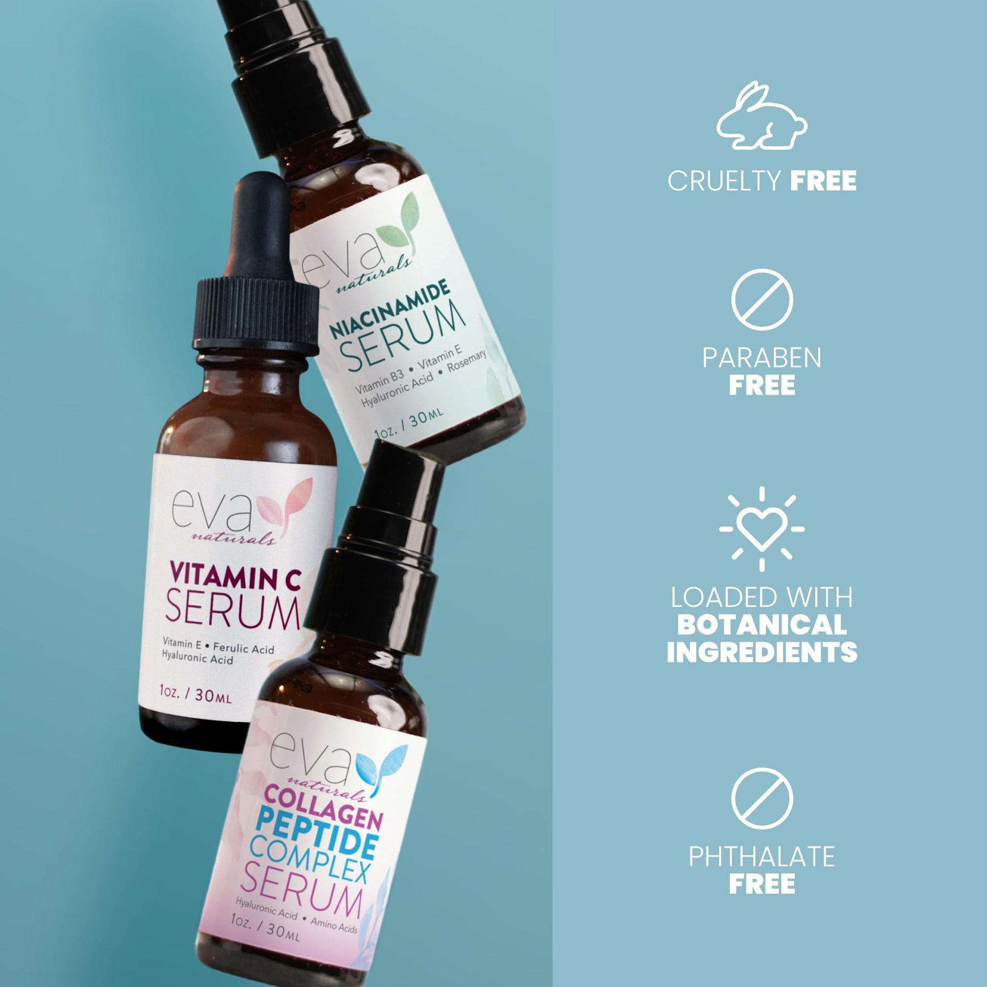 Eva Naturals - Juego de 3 sueros para el cuidado de la piel con 20% de suero de vitamina C, suero complejo de péptidos, suero de vitamina B3 de niacinamida, suero de péptidos para la cara, suero facial