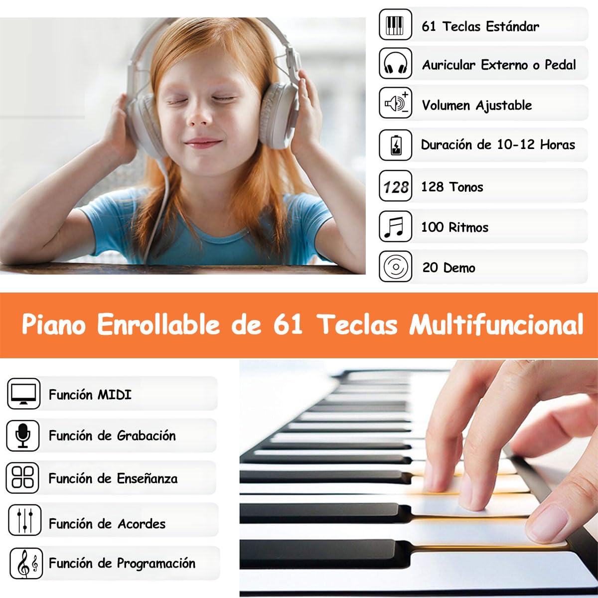 FHZLAJ Teclado de Piano Enrollable 61 Teclas,Piano Musical Electrónico de Silicona Plegable Portátil con Altavoz Incorporado 128 Tonos 100 Ritmos,Roll up Flexible Piano para Niños Adultos Principantes