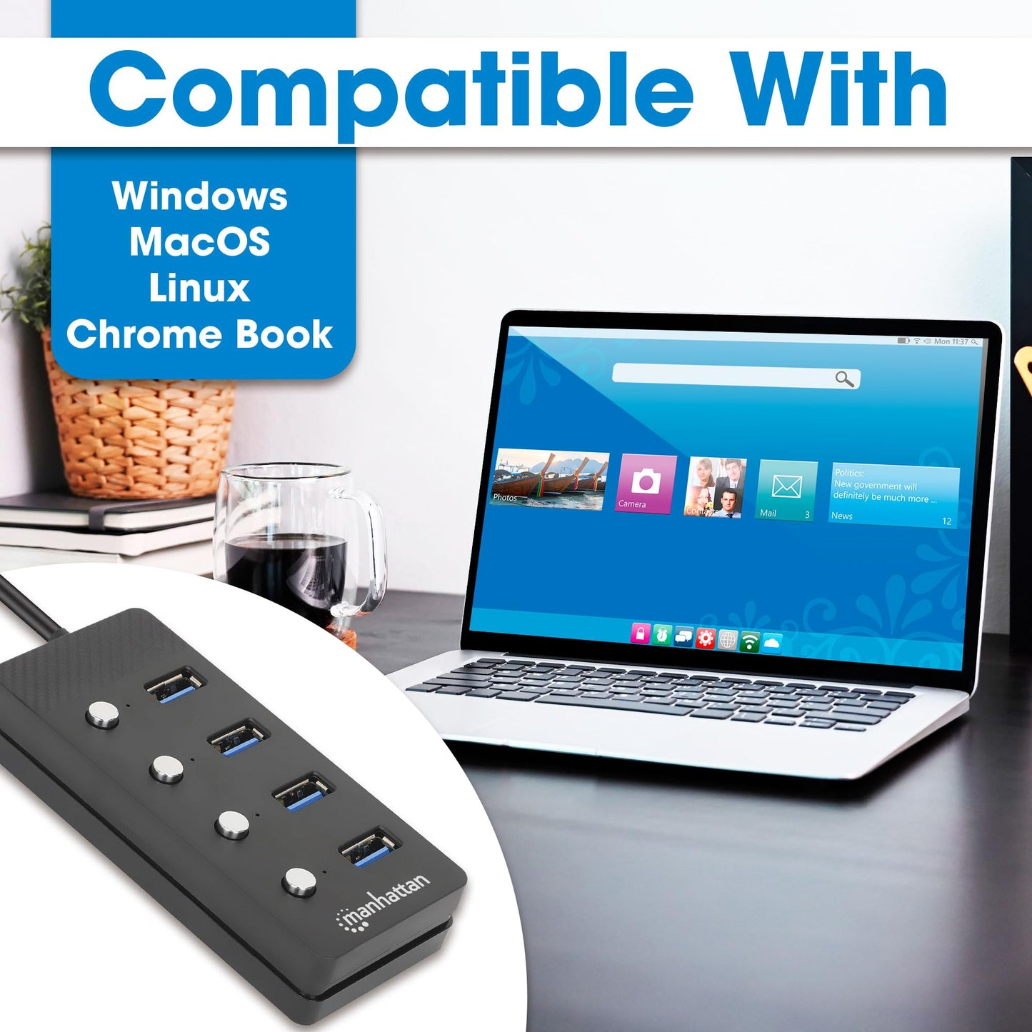 Manhattan Hub USB 180887 de 4 Puertos USB 3.2 con Interruptores de Encendido y Apagado por Puerto, SuperVelocidad de 5 Gbps, Cable Integrado de 1.5 m, Alimentación por Bus o CA, Negro