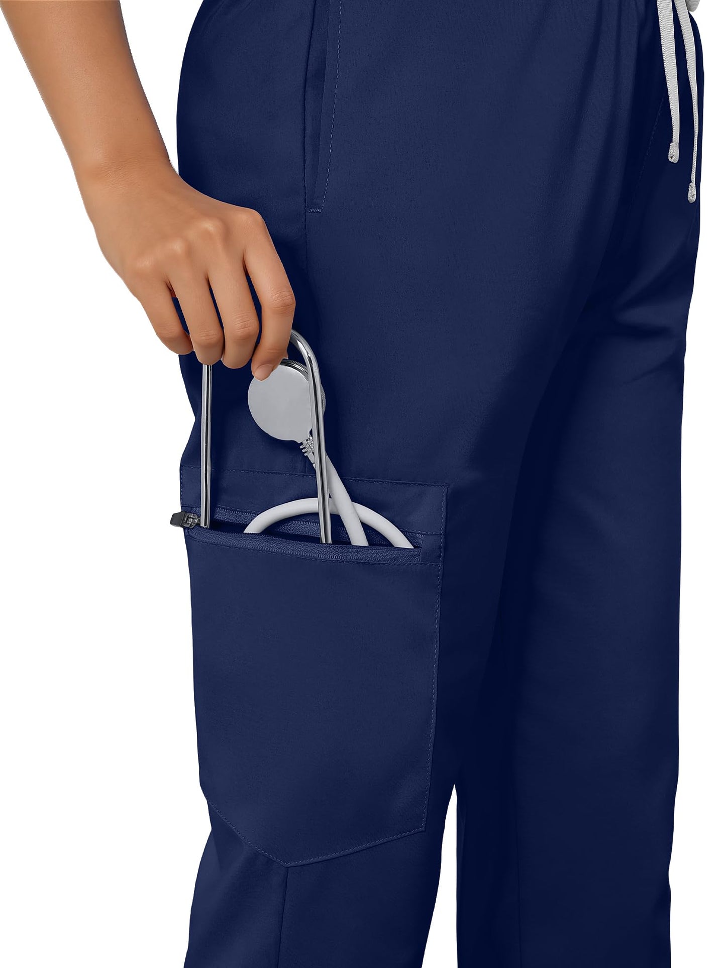 Eadflie Conjunto de uniforme médico para mujer: top con cuello en V y pantalón tipo jogger con 5 bolsillos, tejido elástico suave, aberturas laterales (azul marino/M).