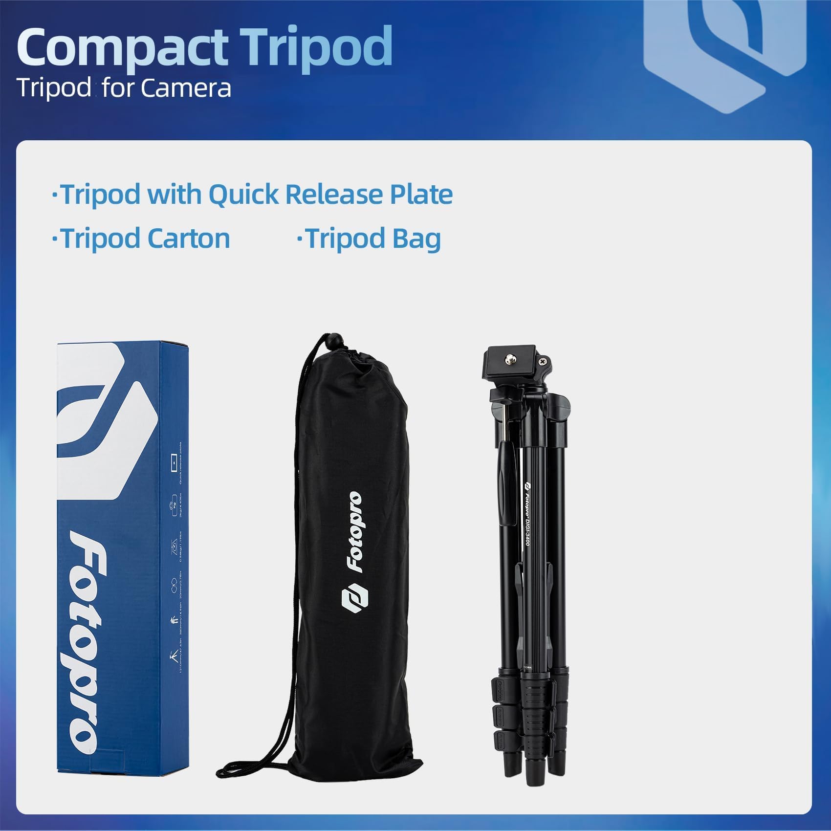 Fotopro Trípode de 120cm Ultraligero, Compacto para Viaje con Placa Rápida y Cabeza Panorámica. Trípode de Aluminio 0.5kg, Carga Máxima 2kg, Incluye Bolsa DIGI-3400