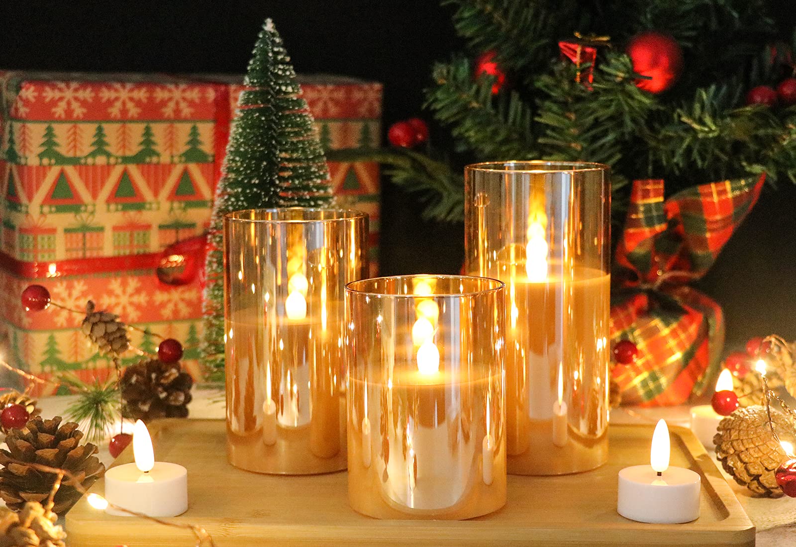 GenSwin - Velas led sin llama de vidrio dorado con control remoto de 10 teclas y temporizador, velas de cera real, luz blanca cálida parpadeante para decoración del hogar (juego de 3)
