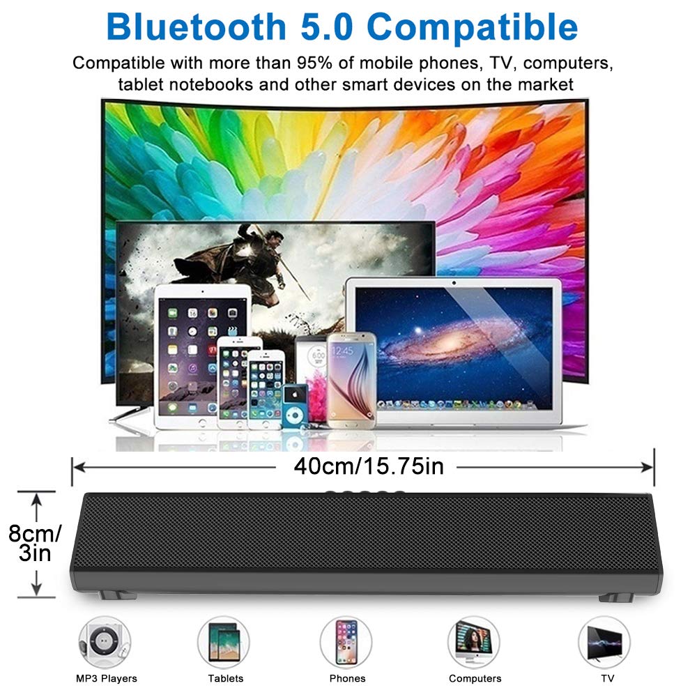 Barra de sonido portátil para TV/PC, 105dB Bluetooth 5.0 barra de sonido inalámbrica y con cable con batería de 2200 mAh, sonido envolvente 3D de cine en casa, subwoofer integrado con control remoto
