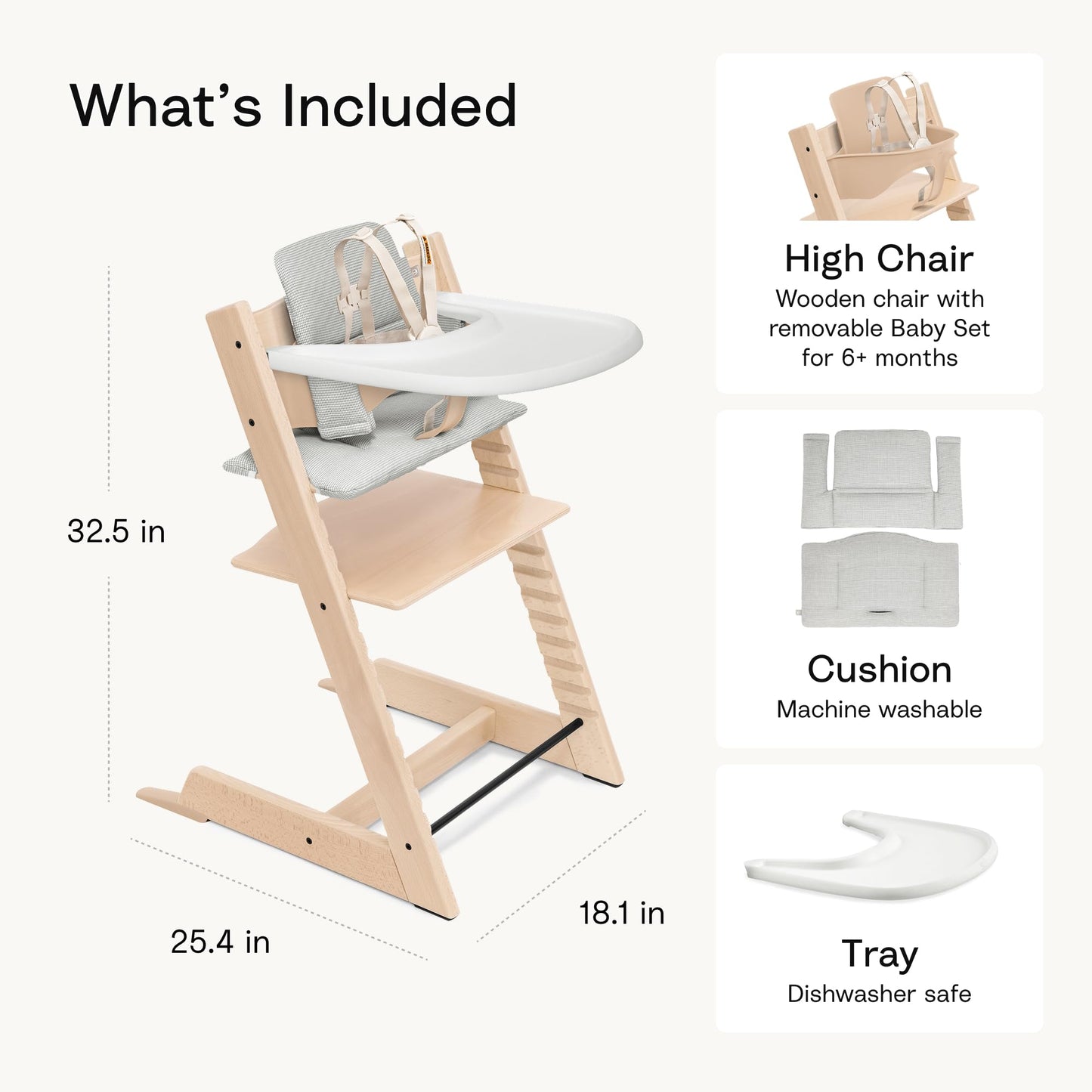 Stokke - Silla alta Tripp Trapp Cojín + Bandeja Stokke (Blanco) - Incluye Silla + Set de Bebé con Arnés Extraíble para Niños de 6 a 36 Meses (Glaciar Green)