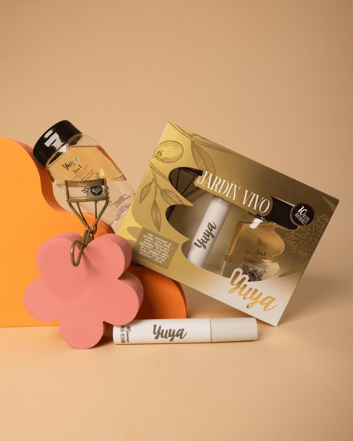 YUYA Jardín Vivo Set de Pestañas Enchinador + Máscara “10 Aceites Naturales” Color Negro + Desmaquillante Bifásico | Define, Riza y Remueve Maquillaje de Larga Duración