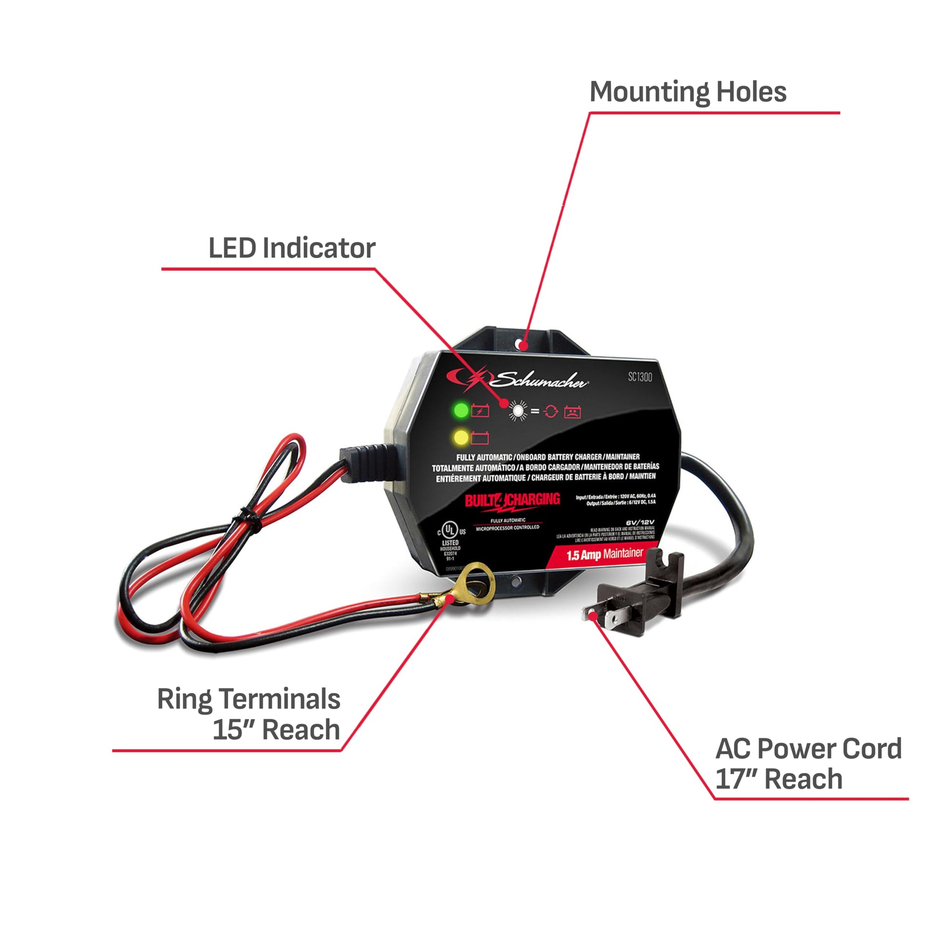 Schumacher SC1300 Cargador y mantenedor de batería completamente automático de montaje directo debajo del capó con detección de batería – 1.5 amperios, 6 V/12 V – para coches, motocicletas, tractores de césped, deportes eléctricos