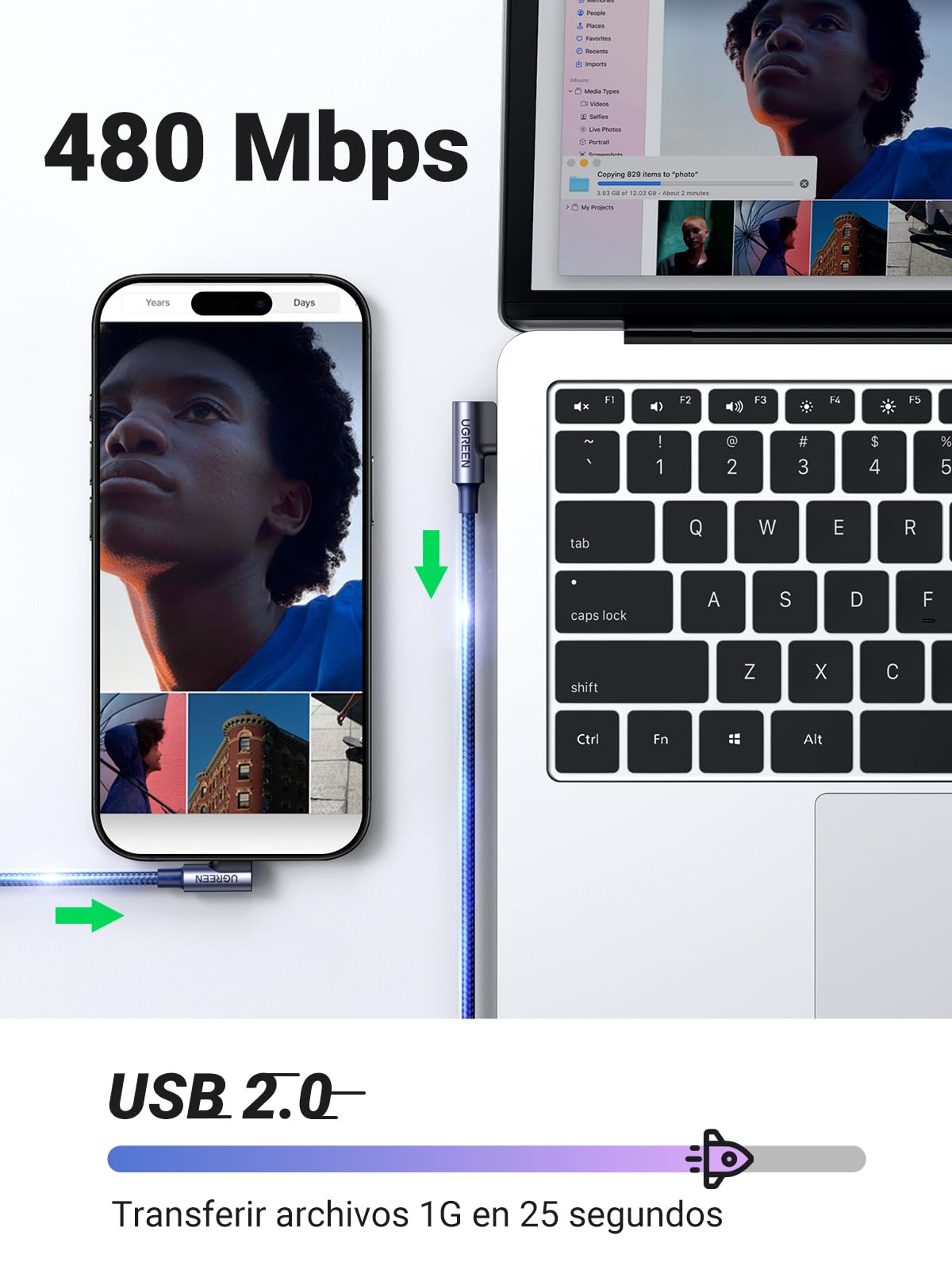 Cable USB Tipo C UGREEN Negro Trenzado Rápido de 1M para iPhone y Galaxy