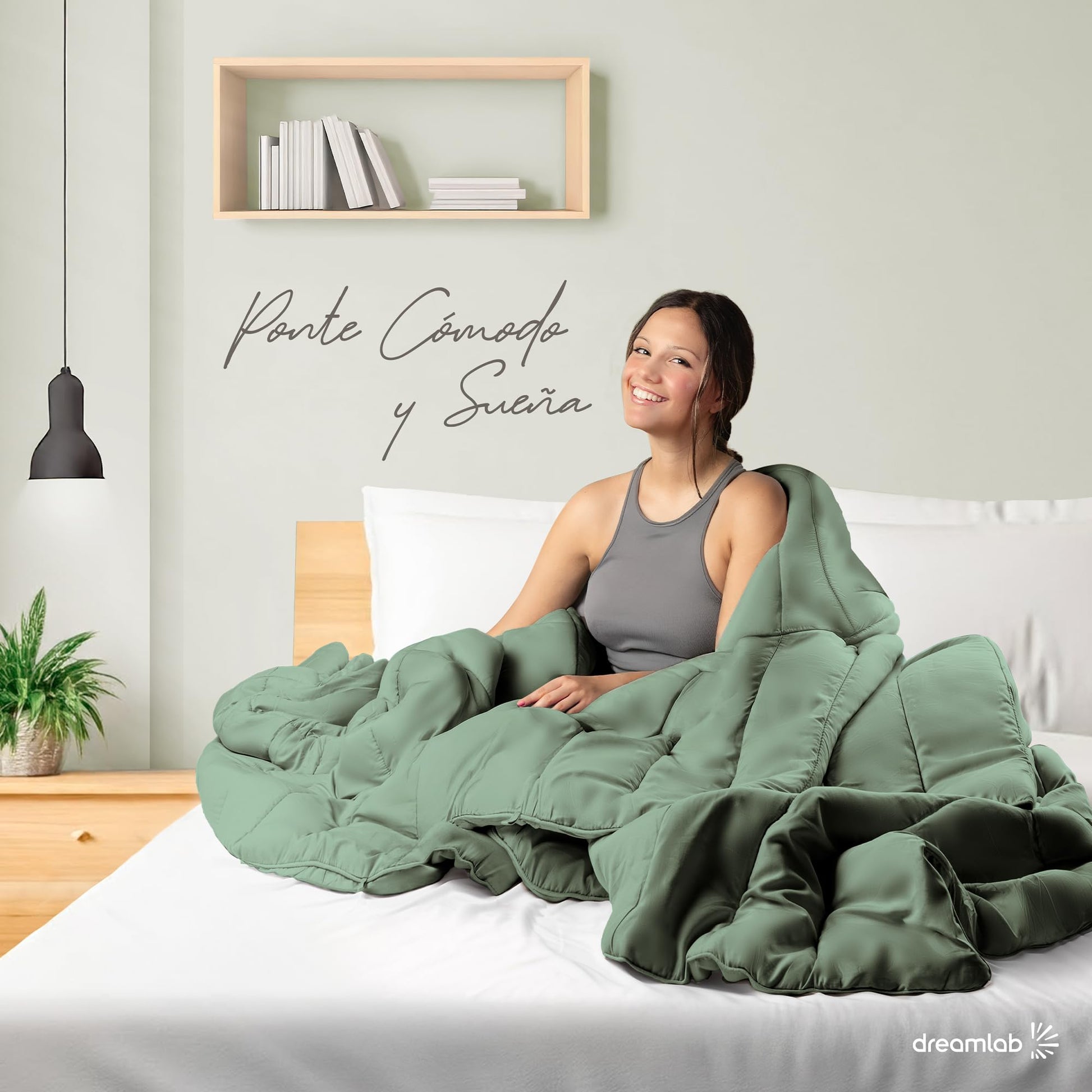 Dreamlab Edredón Acolchado para Toda Estación. Relleno de Microfibras Recubiertas con Gel. Lavado a Máquina. Usar como Edredón o con Funda Duvet. Hipoalergénico. (Verde Seco, Queen 223 x 223cm)