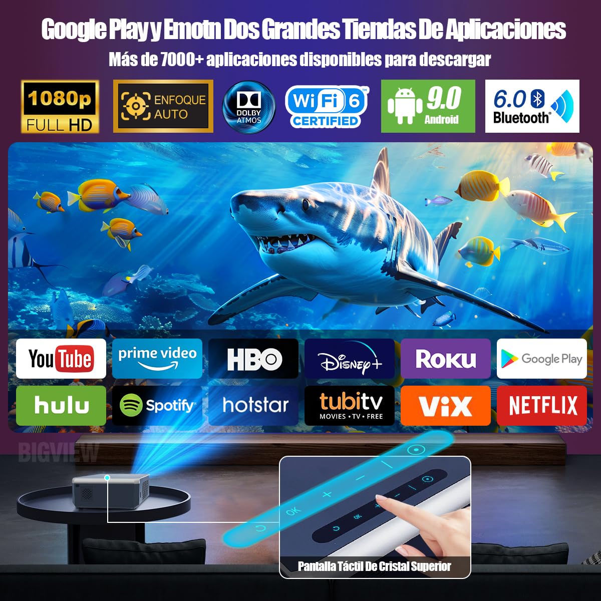 BIGVIEW Proyector 4K Con Enfoque Automático, Bluetooth WiFi 5G, Soporte 8K, 12000 Lúmenes, Portátil Inteligente Con Android 9 Para iOS/Android/PS5/TV Stick