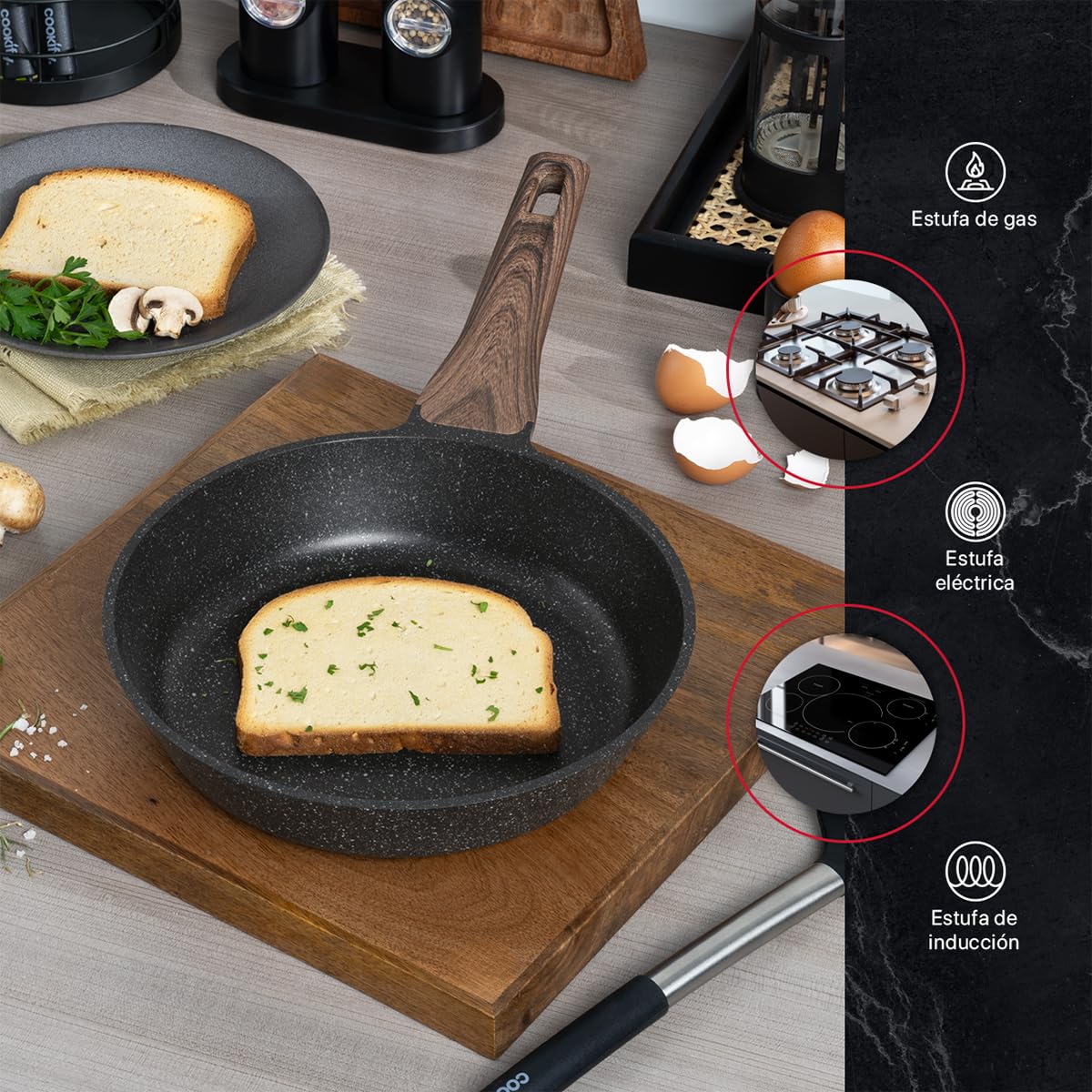 Cookify Set de 3 piezas (Sarten 20 y 24 cm y Crepera 28 cm) Antiadherente de Mármol (Negro)