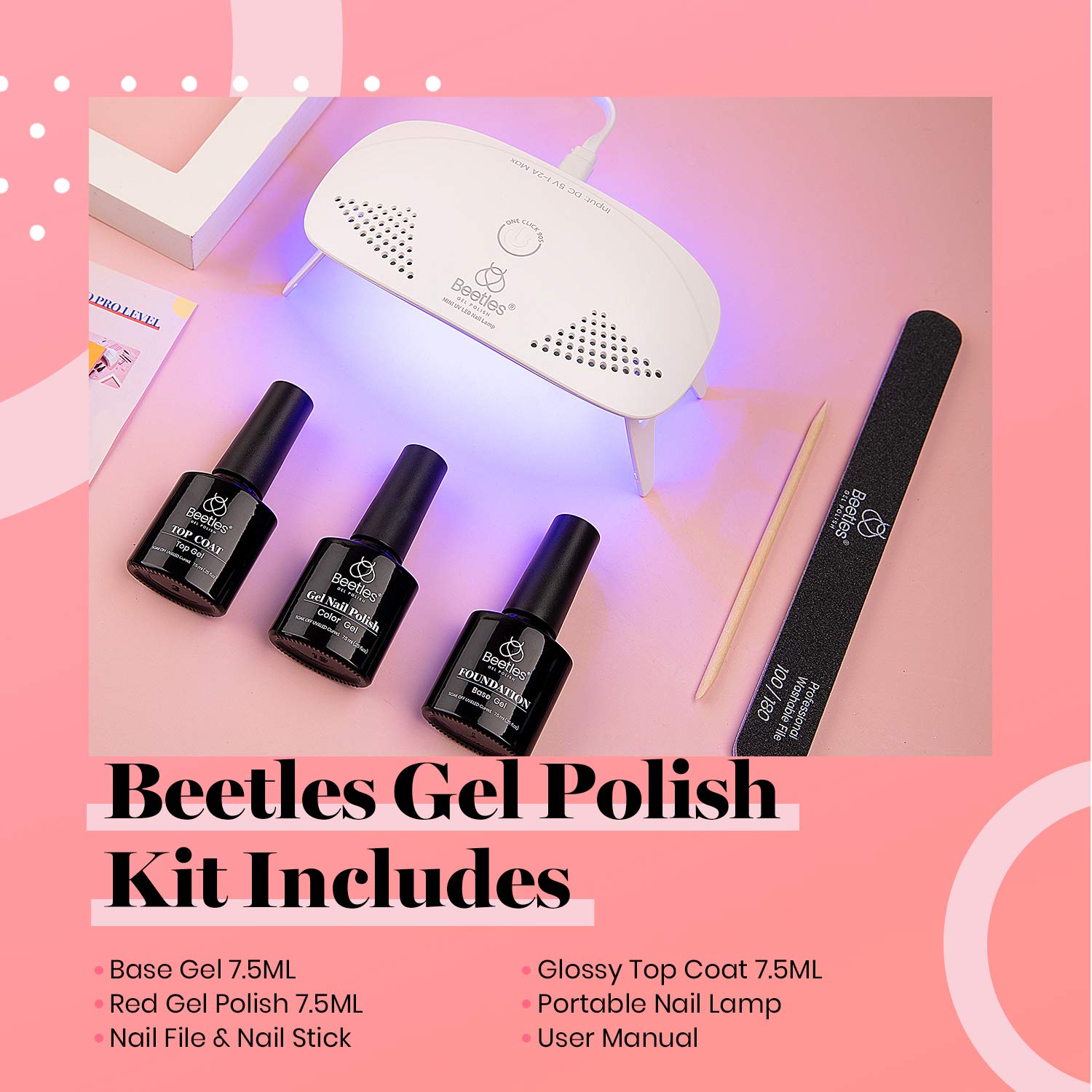 Kit de esmalte de uñas en gel rojo Beetles con luz LED UV y capa superior de gel base Kit de inicio Juego de esmalte de uñas en gel rojo Soak Off con lámpara Lima de uñas para uñas caseras Perfecto para la manicura del 4 de julio para mujeres