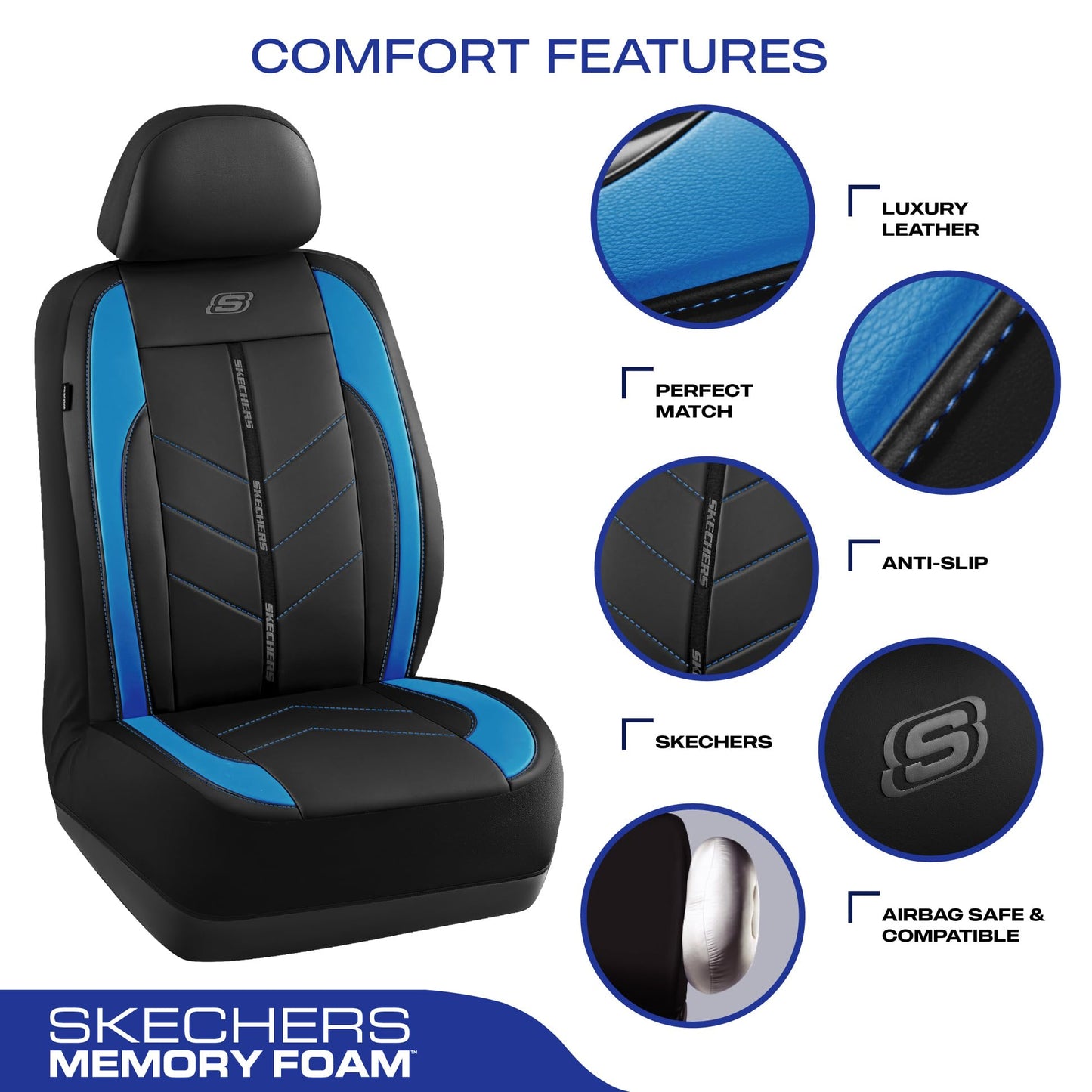 Skechers Fundas de asiento de coche, lujosas fundas de asiento de cuero sintético, protector de asiento de coche impermeable antideslizante para asientos delanteros, accesorios de coche compatibles