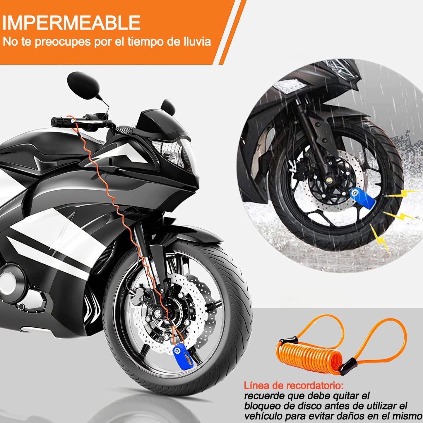 Cerradura de alarma de la motocicleta Alarma de disco de freno de la motocicleta Alarma de seguridad antirrobo a prueba de agua 110 decibelios de sonido de alarma con 4,3 pies de cable de alarma Adecuado para scooters Motocicletas azul