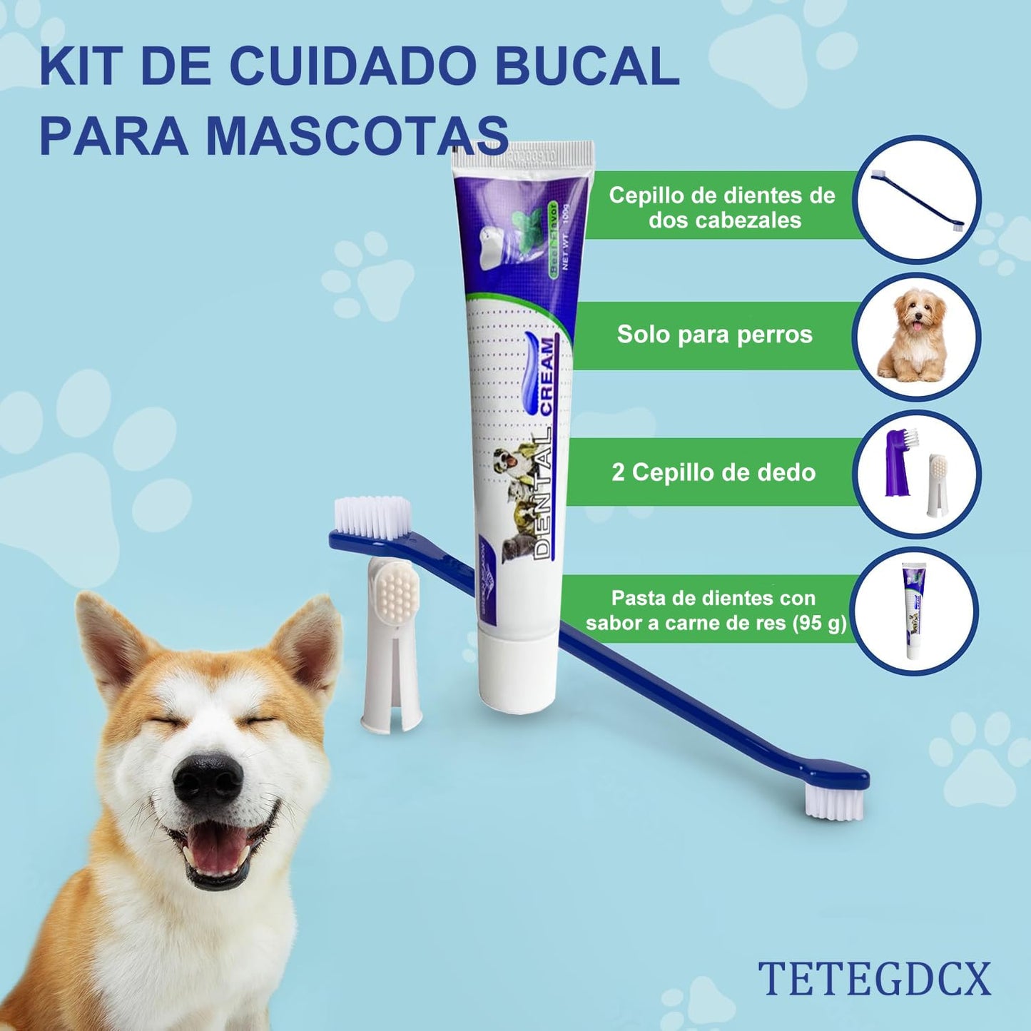 Kit de Limpieza Dental para Perro Sabor Carne con Cepillo de Dientes de Silicona Suave