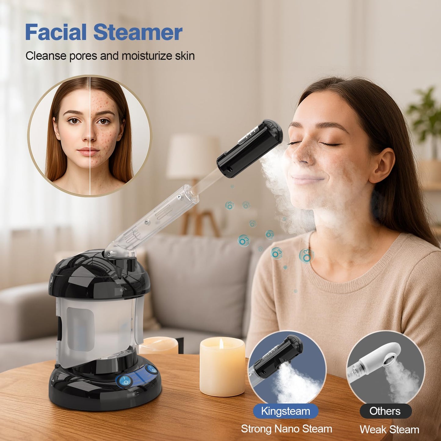 Kingsteam Evaporador de ozono máquina de vapor 2 en 1,Diseñado para el cuidado personal en casa y en el salón，negro