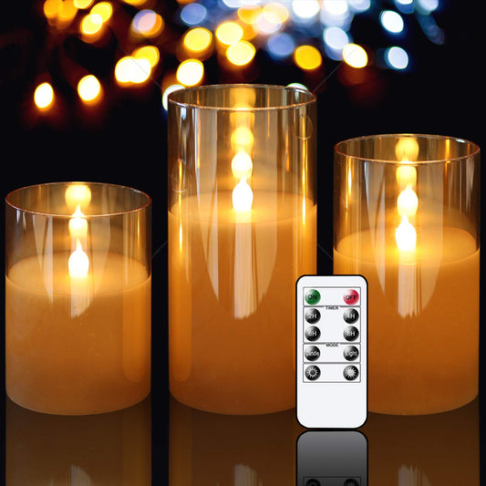 GenSwin - Velas led sin llama de vidrio dorado con control remoto de 10 teclas y temporizador, velas de cera real, luz blanca cálida parpadeante para decoración del hogar (juego de 3)