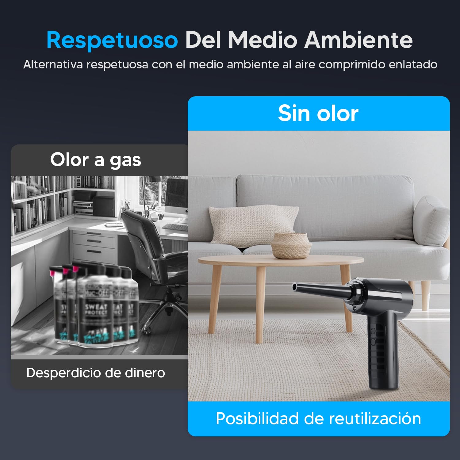Aire Comprimido Eléctrico Inalámbrico Negro de 3 Velocidades con Luz LED para Limpiar Teclado y Pelo de Mascotas