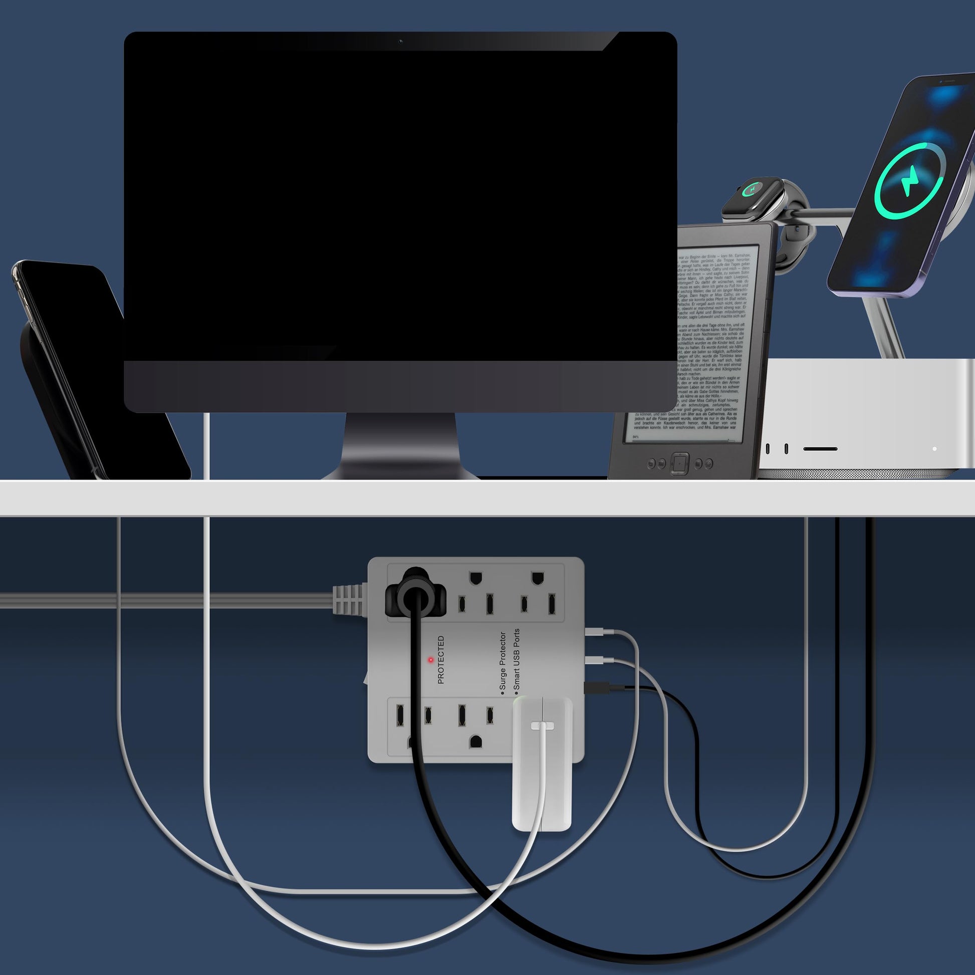 LIDER Extensor de Contactos con 6 Receptáculos, USB-A y 2 USB-C, Clavija Plana Ultra-Delgada con Extensor de Cable, Regleta de 6 Contactos, Diseño Delgado Angulado, Protector contra Sobretensiones