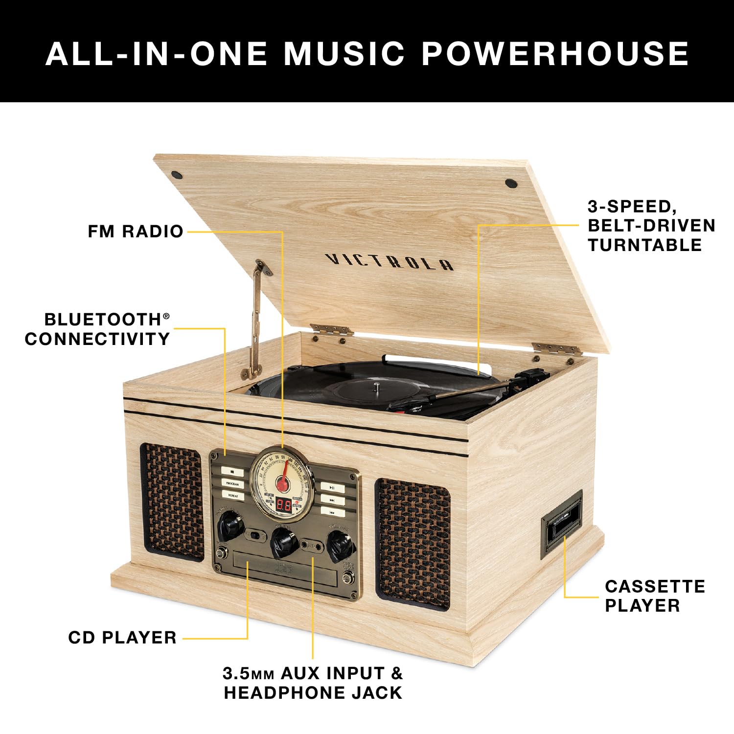 Tocadiscos Nostalgic Victrola Natural con Bluetooth y Centro Multimedia