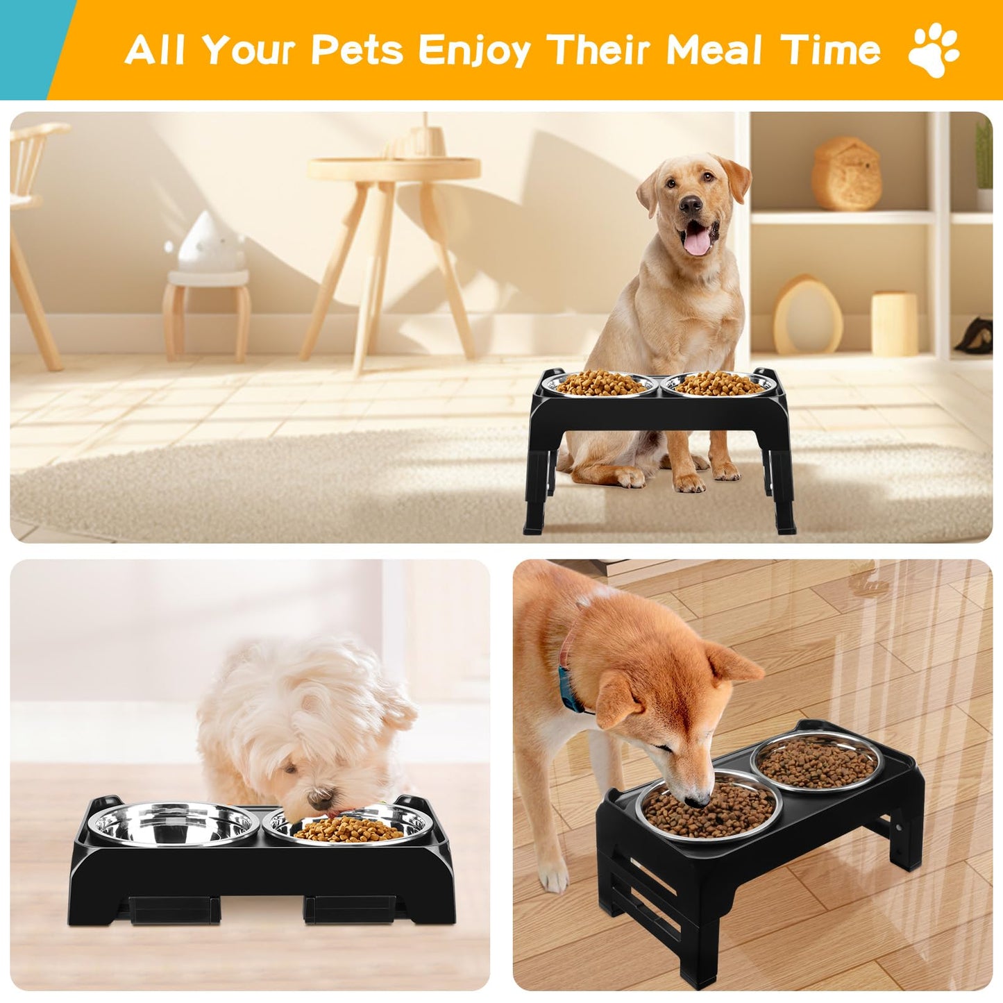 Lingtoolator Dog Bowls for Small Medium Dogs 3 Height Adjustable Raised Dog Bowl Stand with 2 Thick 6" Stainless Steel Dog Food Bowls Non-Slip Dog Feeder Adjusts to 2.75", 6", 7.5