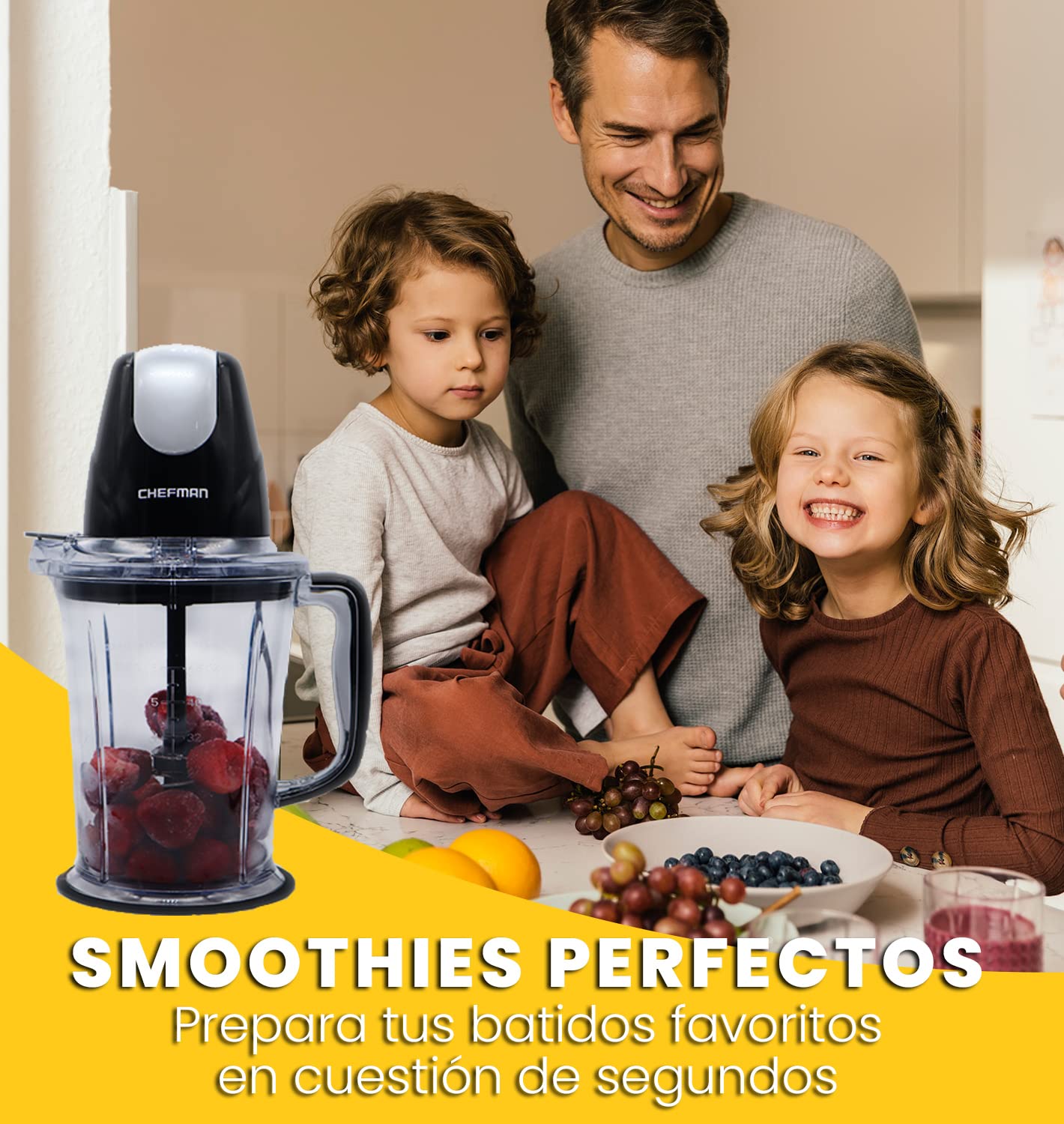 Chefman - LICUADORA , 400w de potencia, cuchillas cuádruples de acero inoxidable. tritura hielo, incluye vaso para picar alimentos