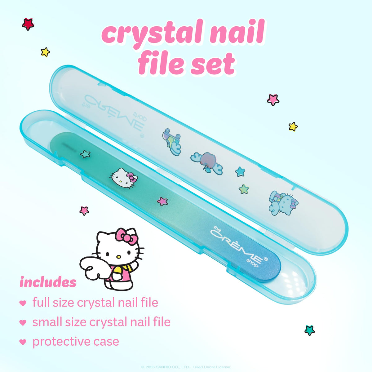 The Crème Shop Juego de limas de uñas de cristal Hello Kitty con estuche de viaje: limas de uñas de cristal grabadas de doble cara para dar forma, suavizar y cuidar las uñas con delicadeza.