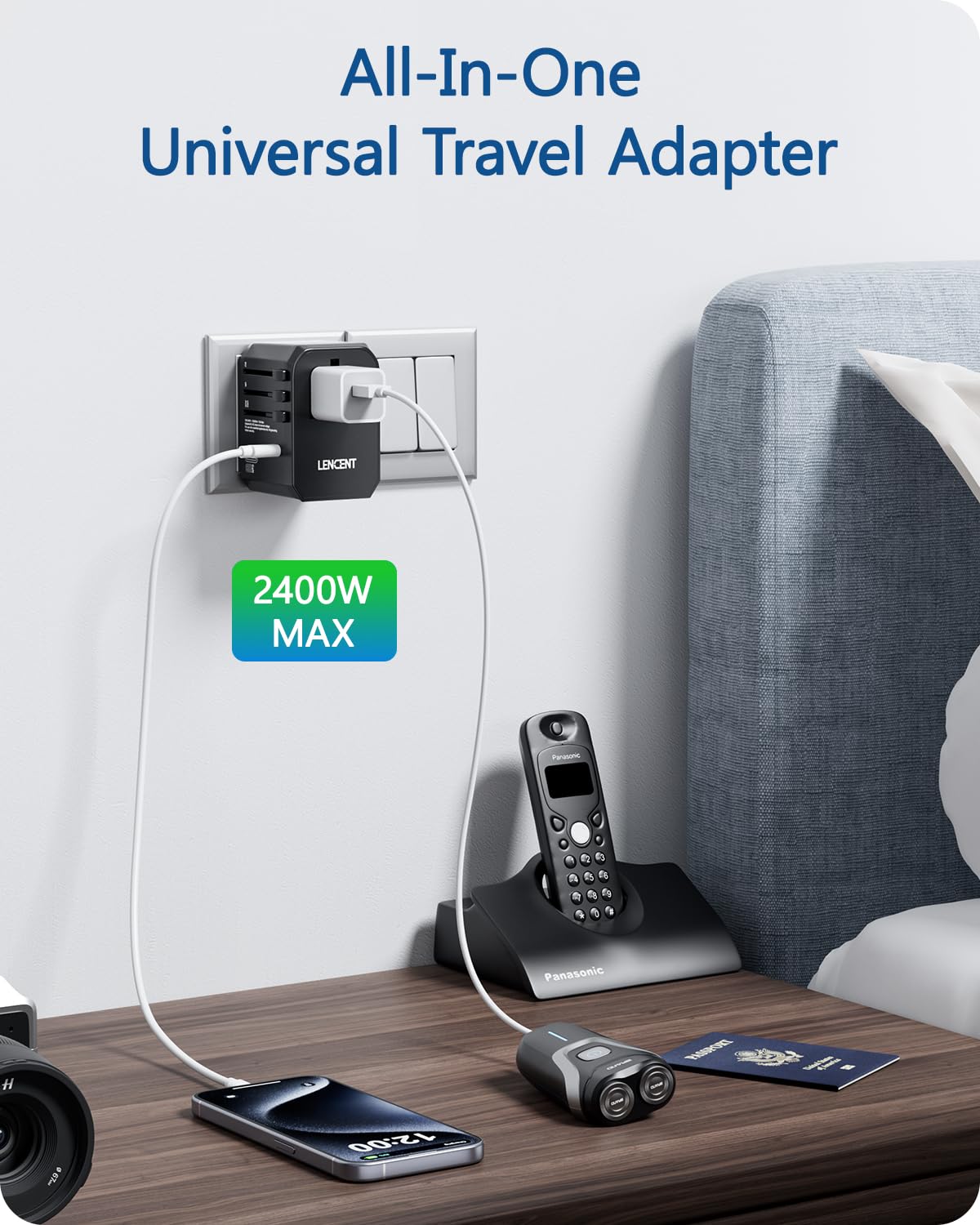 LENCENT Adaptador Universal de Viaje, GAN 70W Adaptador Internacional con 2 USB-A QC & 3 USB-C PD3.0, Cargador Internacional con Enchufe Tipo A/C/G/I para US/UE/UK/Australia/Argentina/Brasil, Negro