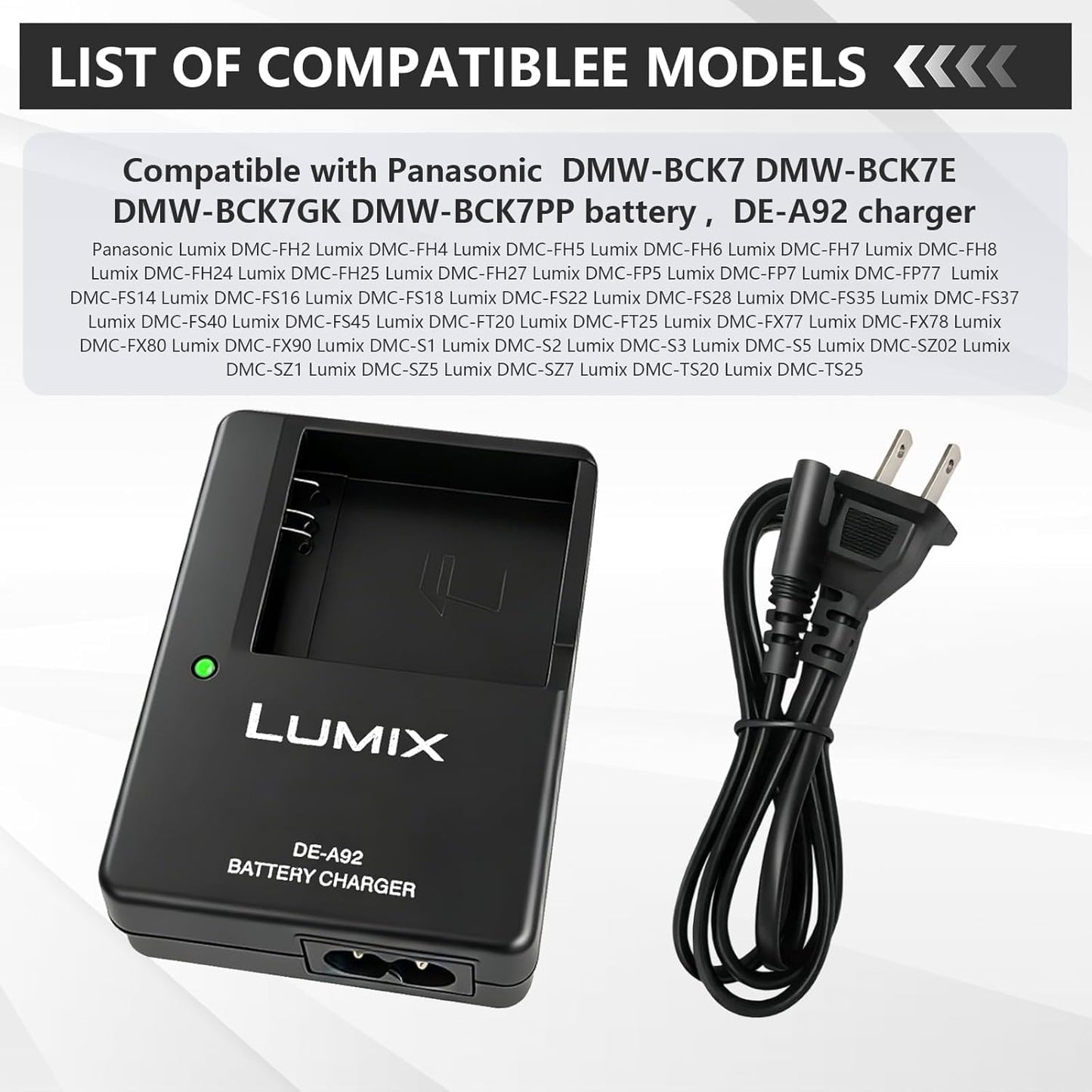 DE-A91 DE-A92 - Cargador de cámara compatible con Panasonic DE-A91BA BCK7 DMCF X78, DMCF X90, DMCFH24, DMCFH25, DMCFH27DMCTS25A, DMCTS25K, DMCTS25R, DMCTS25W, DMCFH2, DMCT FFFFFFFFMCFH6, DMCFH7 Fuente