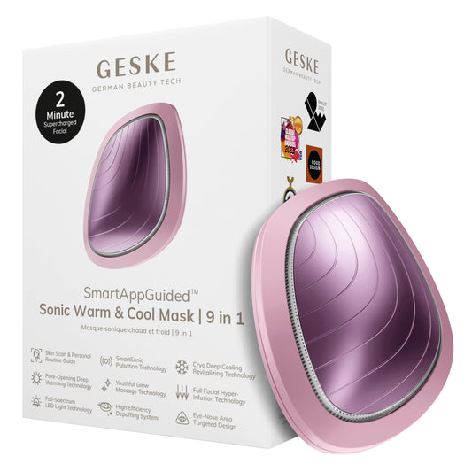 GESKE | SmartAppGuided™ Sonic Warm & Cool Mask | 9 en 1 | Máscara facial LED de belleza | Espectro LED completo y terapia de luz roja | Calor/frío | Mayor absorción de productosl | masajeador facial