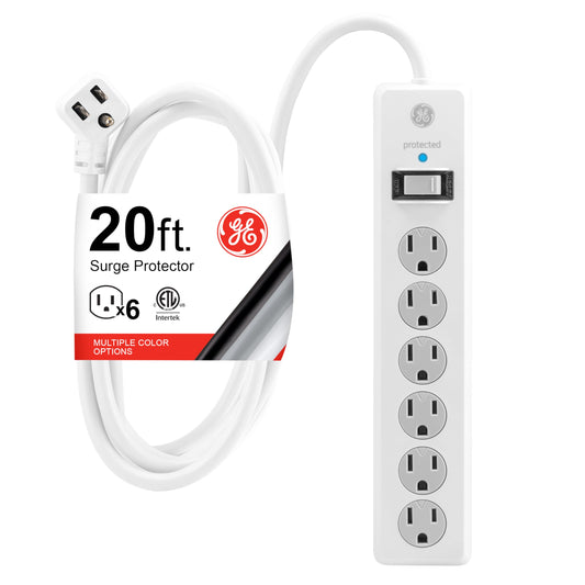 GE Tira Multicontactos De 6 Salidas con Supresor De Picos Y Enchufe Plano, Cable De Extensión De 6.0 Metros (20 Pies), 800 Julios, Cubiertas De Seguridad con Giro para Cerrar, Blanco, 1 Unidad, 50770