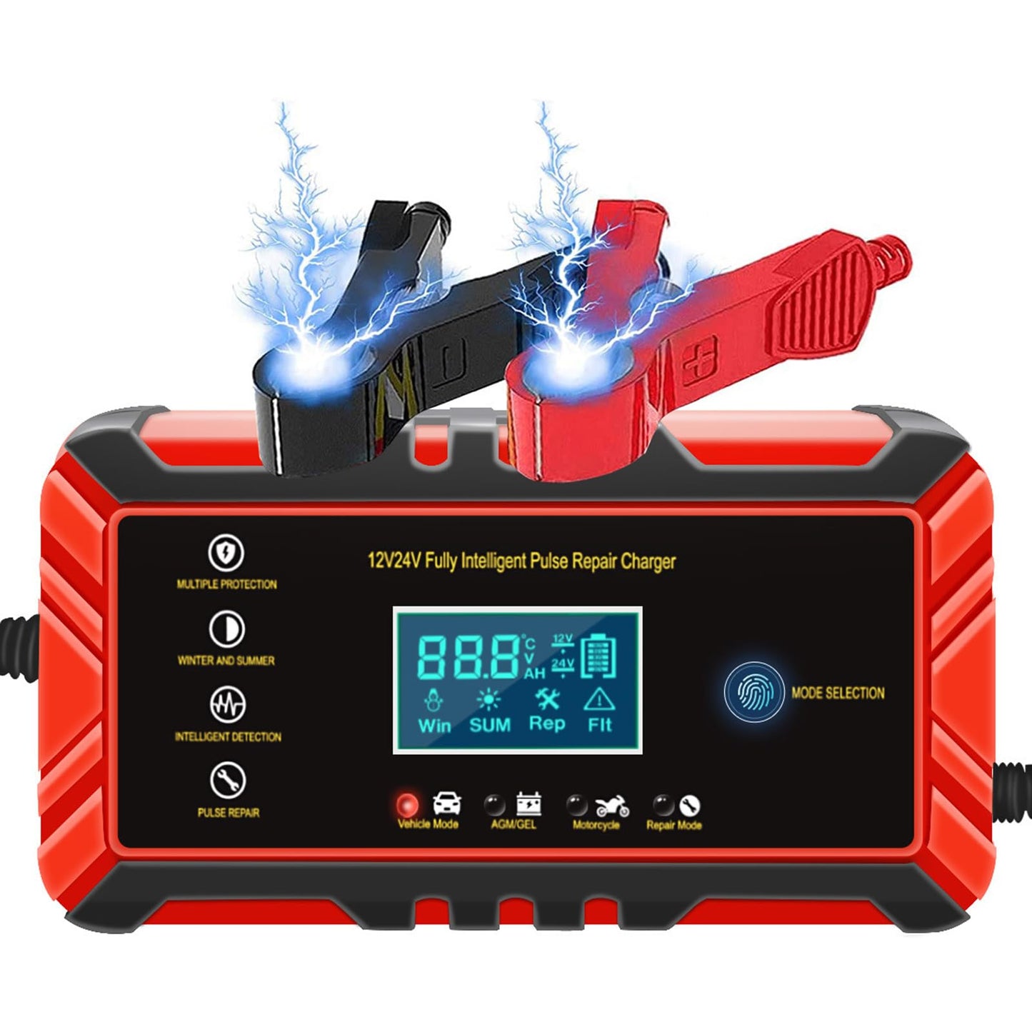Cargador de Batería Coche,8A 12V/4A 24V Cargador de Batería de Moto,Automático Inteligente Cargador de Batería con Múltiples Protecciones para Automóviles Motocicletas SUV ATVs RVs Barco Excavador etc