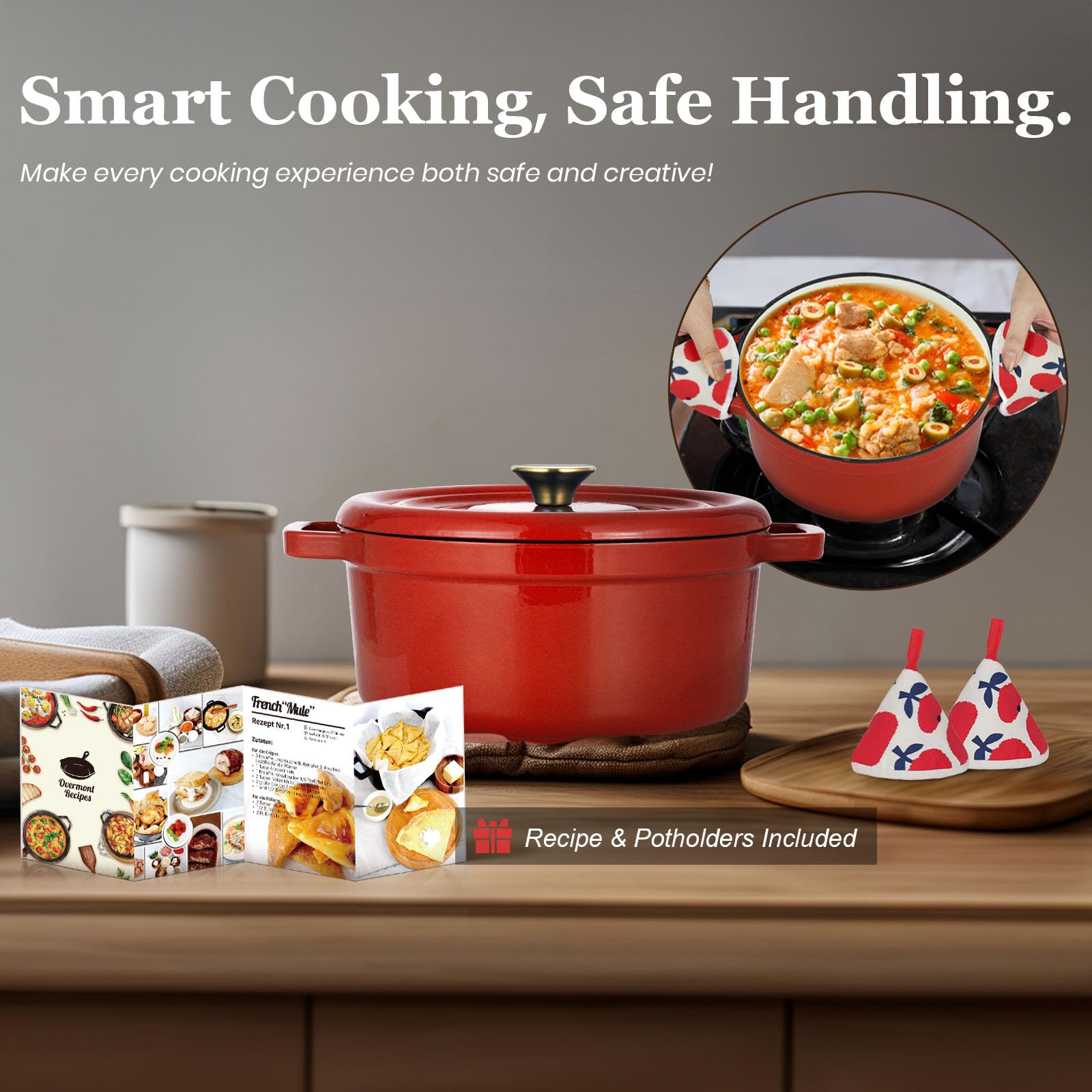 Overmont Cacerola de hierro fundido esmaltado, 26 cm, apta para horno, con tapa y libro de cocina, para asar, cocina, hornear, estofar, color rojo