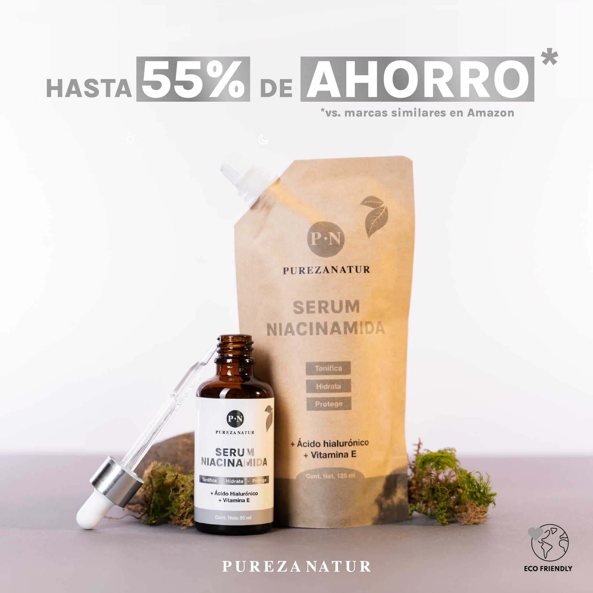 PUREZA NATUR Suero facial Niacinamida B3, Vitamina E y Acido hialurónico 50ml | Serum Niacinamide para todos tipos de piel skin barrier hidratante, antioxidante potente reductor de ojeras y líneas de expresión (Refill 125ml)