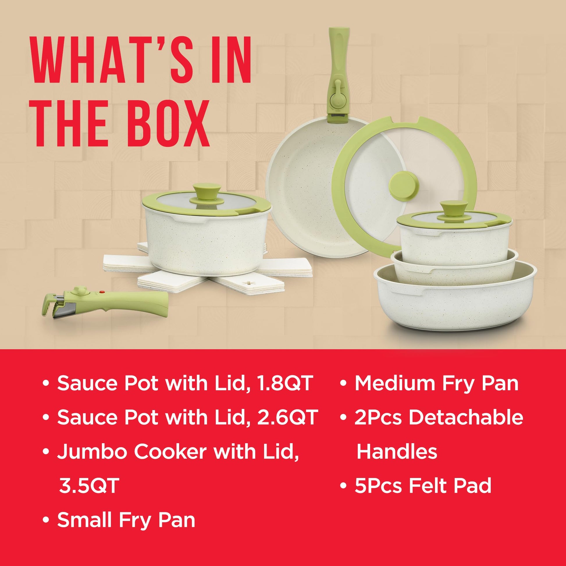 Bakken 15-Piece Non-Stick Cookware Set with Detachable Handles – Granite Stackable Pots and Pans Set, Dish Washer Safe, Oven-Safe, and Compatible Kitchen Essential for All Stoves – Green/Cream