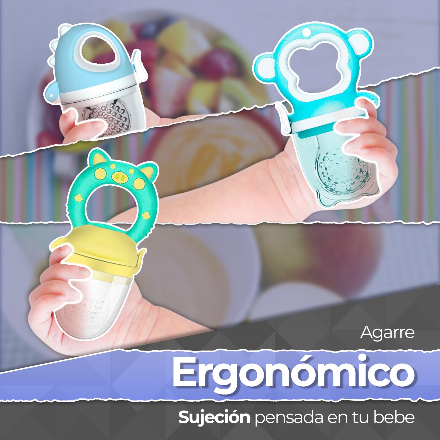 Chupones alimentadores para frutas y papillas con tapa libre de bpa, dibujos animados, 4m+ 3 piezas (dino azul / monkey azul / pig verde amarillo)